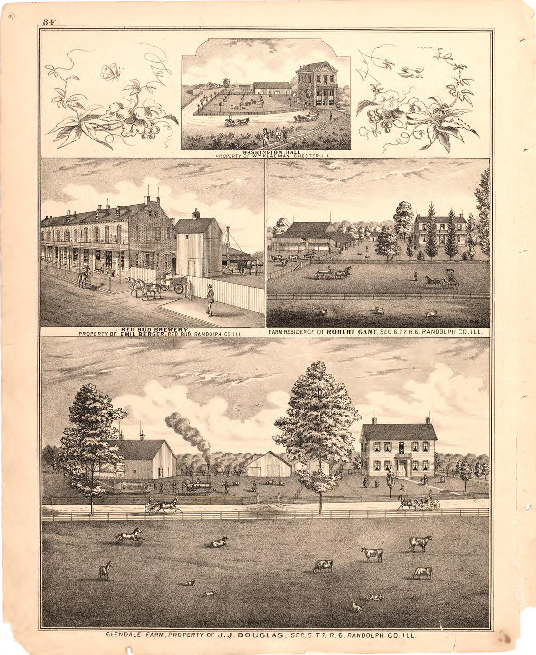Washington Hall; Red Bud Brewery; Farm Residence of Robert Gant; Glendale Farm from an Illustrated Historical Atlas Map of Randolph County, Ills. : Carefully Compiled from Personal Examinations and Surveys 1875 by Relic Map Company