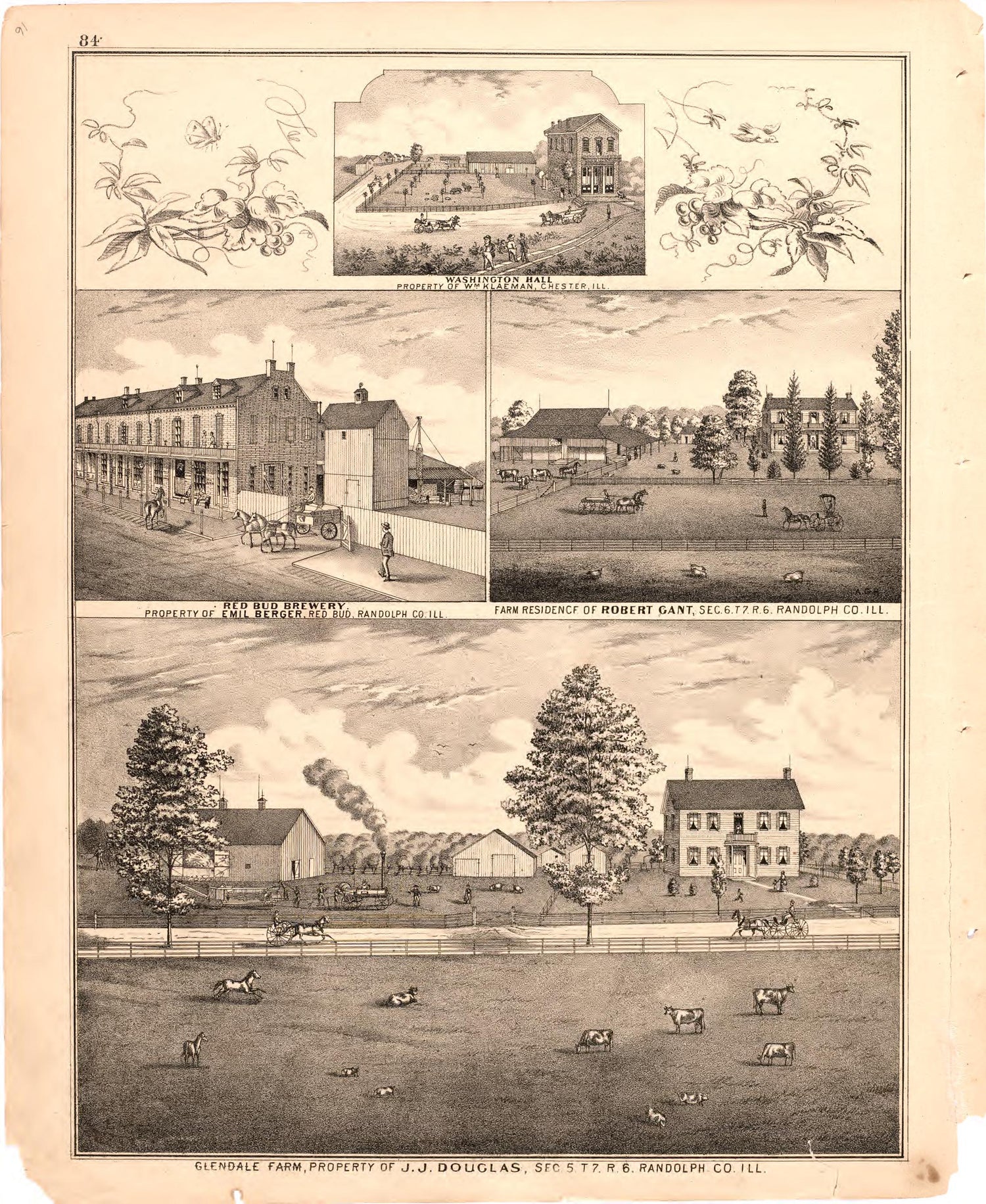 Washington Hall; Red Bud Brewery; Farm Residence of Robert Gant; Glendale Farm from an Illustrated Historical Atlas Map of Randolph County, Ills. : Carefully Compiled from Personal Examinations and Surveys 1875 by Relic Map Company