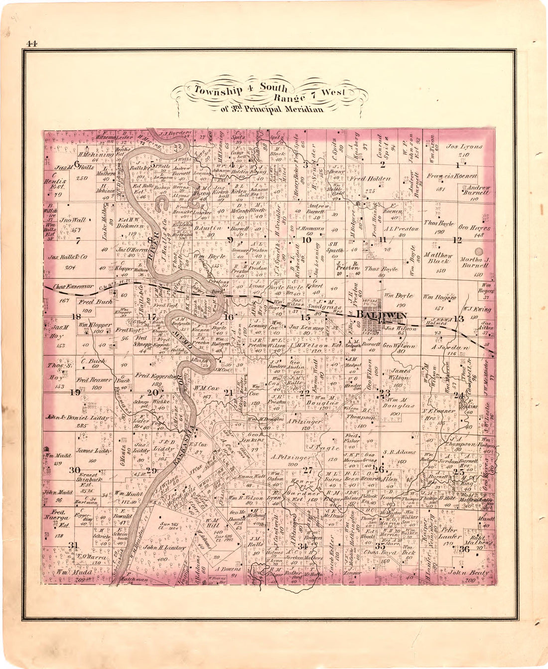 Township 4 South Range 7 West of 3rd Principal Meridian from an Illustrated Historical Atlas Map of Randolph County, Ills. : Carefully Compiled from Personal Examinations and Surveys 1875 by Relic Map Company