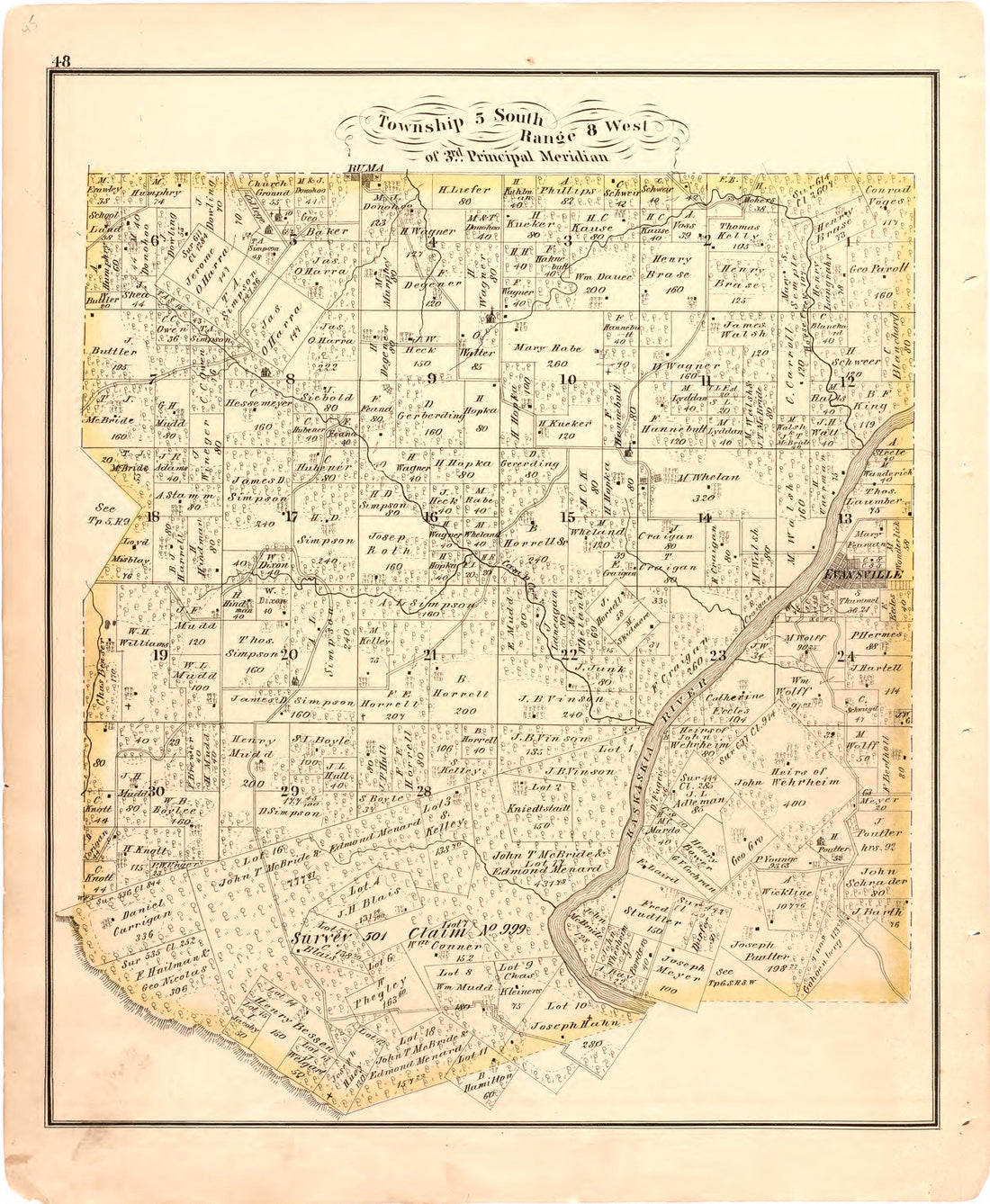 Township 5 South Range 8 West of 3rd Principal Meridian from an Illustrated Historical Atlas Map of Randolph County, Ills. : Carefully Compiled from Personal Examinations and Surveys 1875 by Relic Map Company