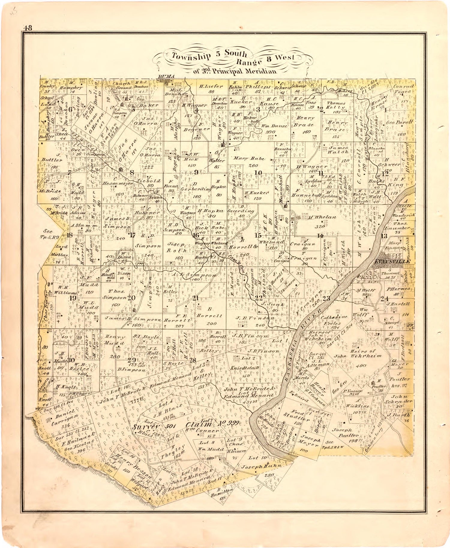 Township 5 South Range 8 West of 3rd Principal Meridian from an Illustrated Historical Atlas Map of Randolph County, Ills. : Carefully Compiled from Personal Examinations and Surveys 1875 by Relic Map Company