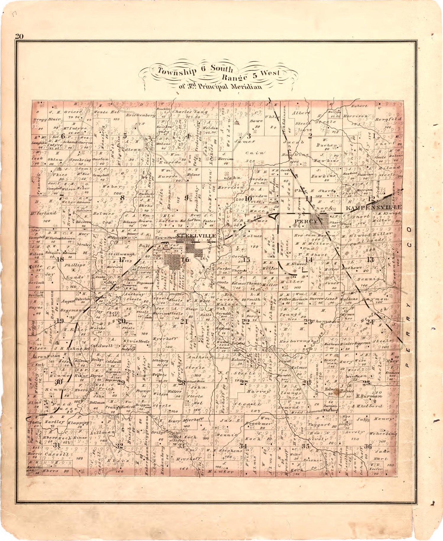 Township 6 South Range 5 West of 3rd Principal Meridian from an Illustrated Historical Atlas Map of Randolph County, Ills. : Carefully Compiled from Personal Examinations and Surveys 1875 by Relic Map Company