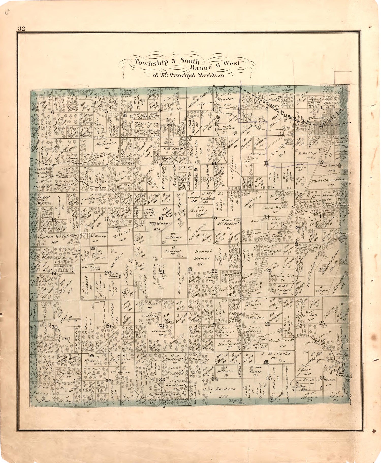 Township 5 South Range 6 West of 3rd Principal Meridian from an Illustrated Historical Atlas Map of Randolph County, Ills. : Carefully Compiled from Personal Examinations and Surveys 1875 by Relic Map Company