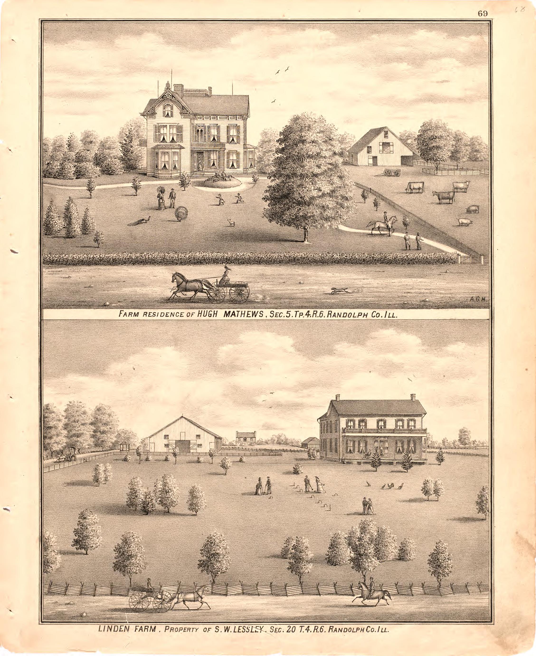 Farm Residence of Hugh Matthews and Linden Farm, Property of S.W. Lessley from an Illustrated Historical Atlas Map of Randolph County, Ills. : Carefully Compiled from Personal Examinations and Surveys 1875 by Relic Map Company