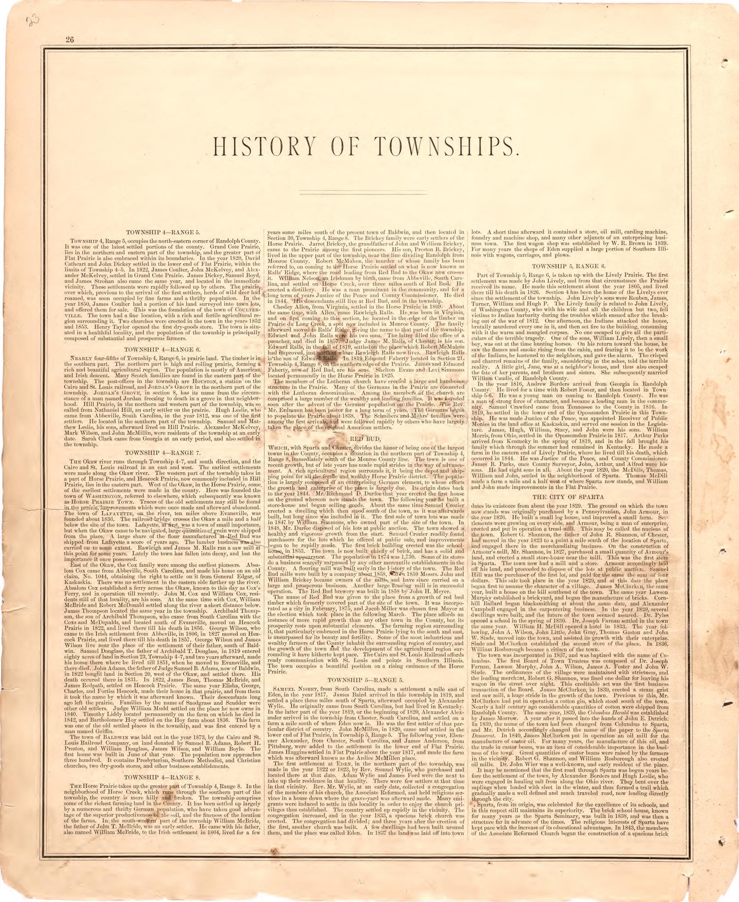 History of Townships from an Illustrated Historical Atlas Map of Randolph County, Ills. : Carefully Compiled from Personal Examinations and Surveys 1875 by Relic Map Company