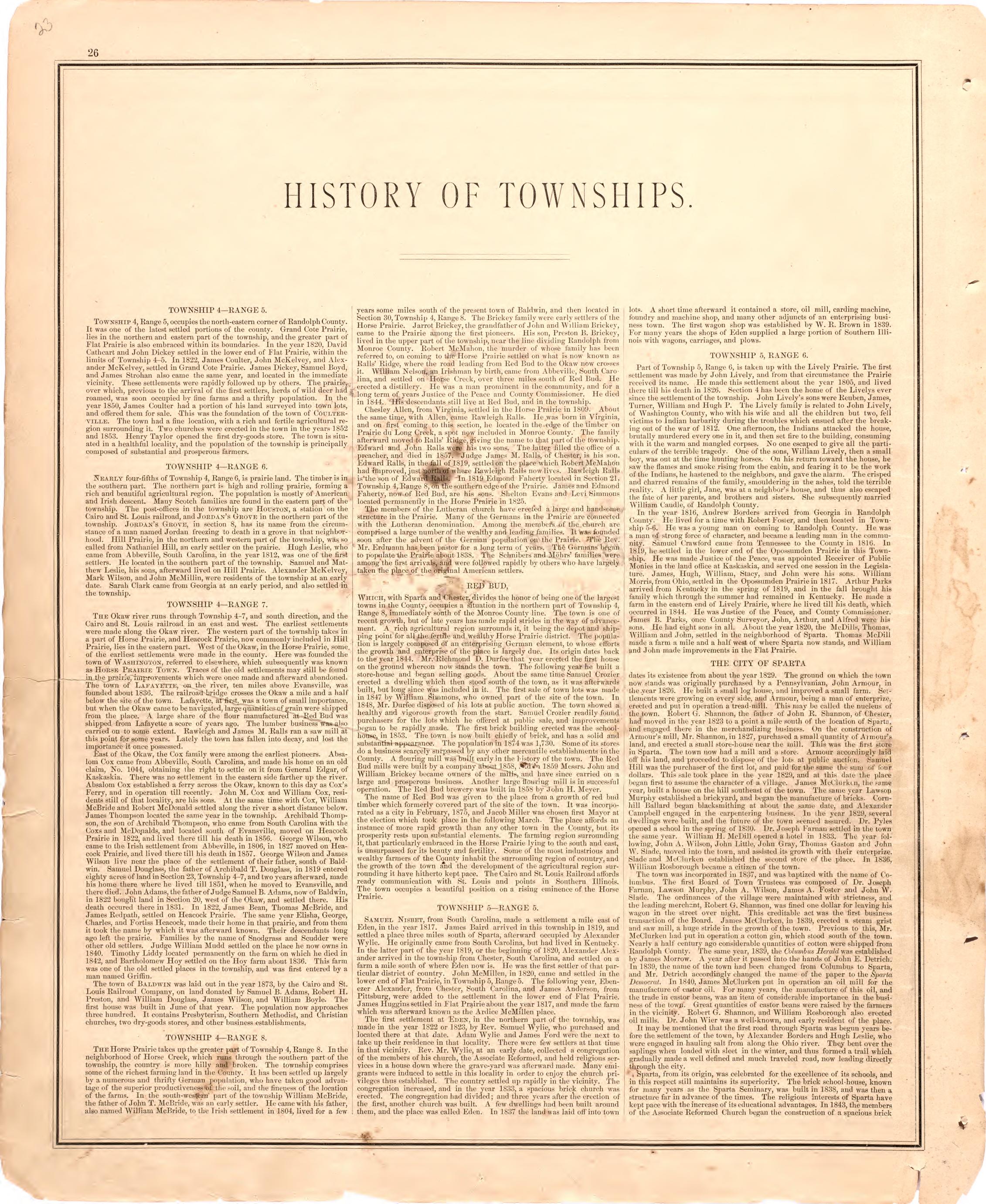 History of Townships from an Illustrated Historical Atlas Map of Randolph County, Ills. : Carefully Compiled from Personal Examinations and Surveys 1875 by Relic Map Company
