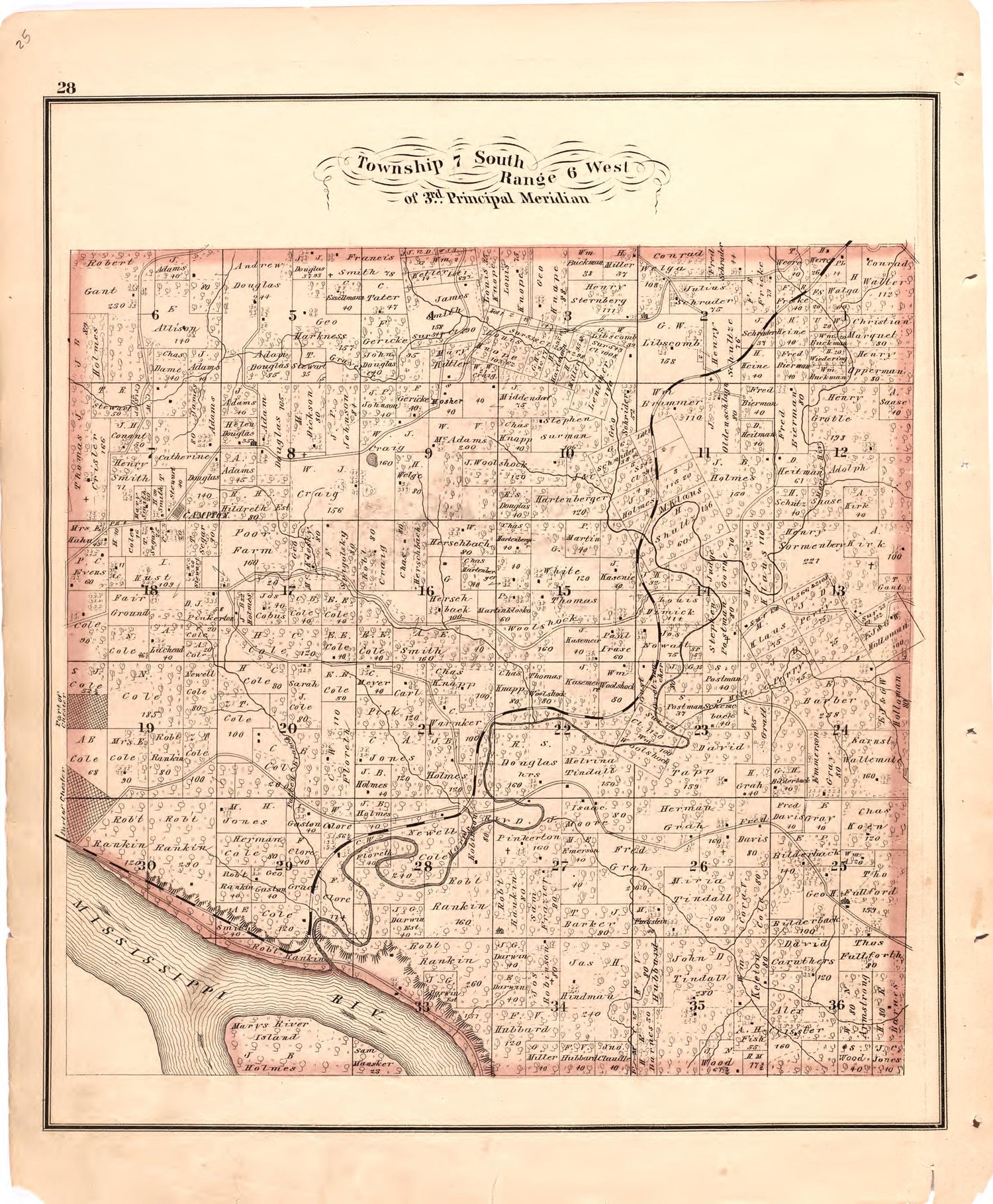 Township 7 South Range 6 West of 3rd Principal Meridian from an Illustrated Historical Atlas Map of Randolph County, Ills. : Carefully Compiled from Personal Examinations and Surveys 1875 by Relic Map Company