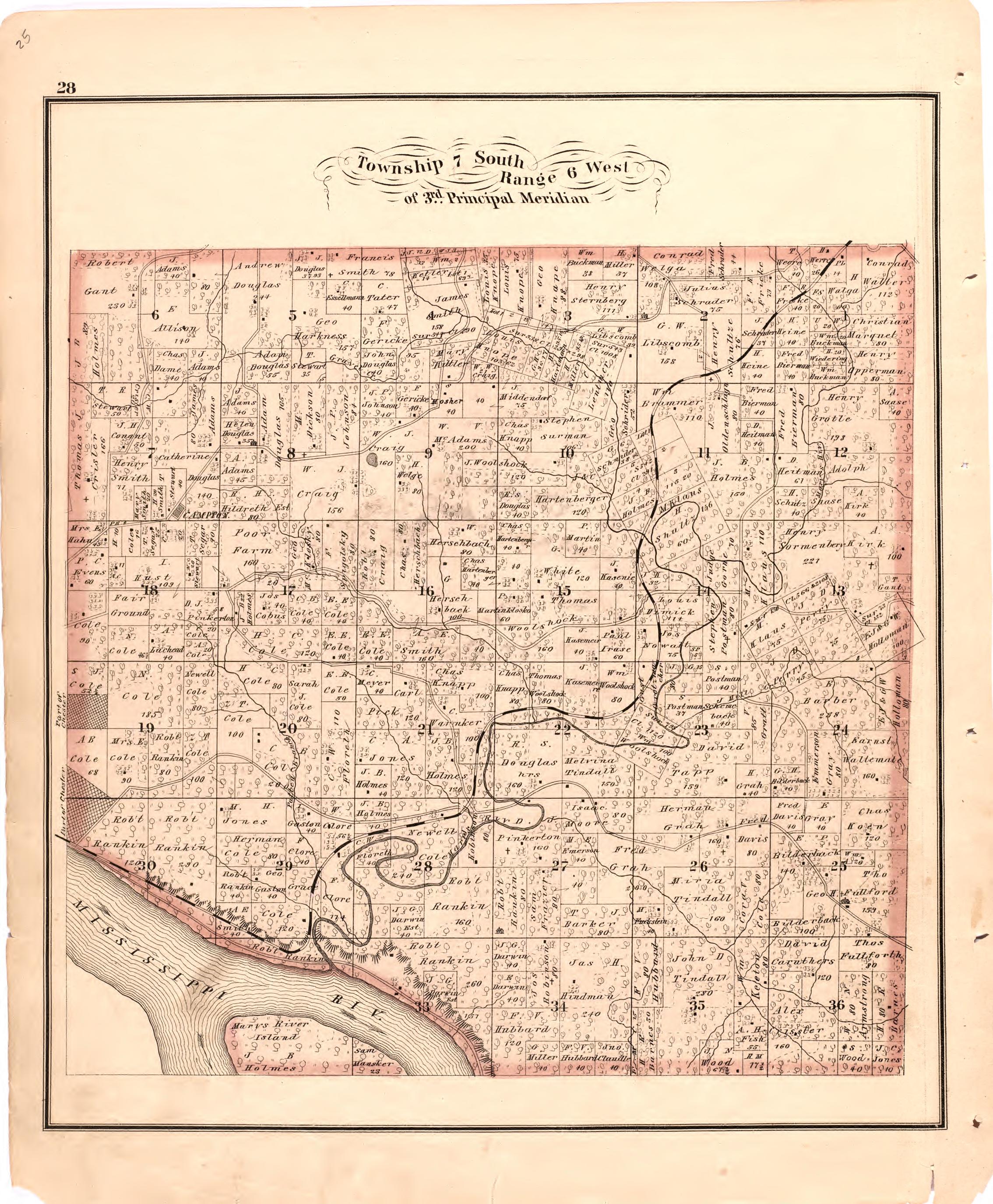 Township 7 South Range 6 West of 3rd Principal Meridian from an Illustrated Historical Atlas Map of Randolph County, Ills. : Carefully Compiled from Personal Examinations and Surveys 1875 by Relic Map Company