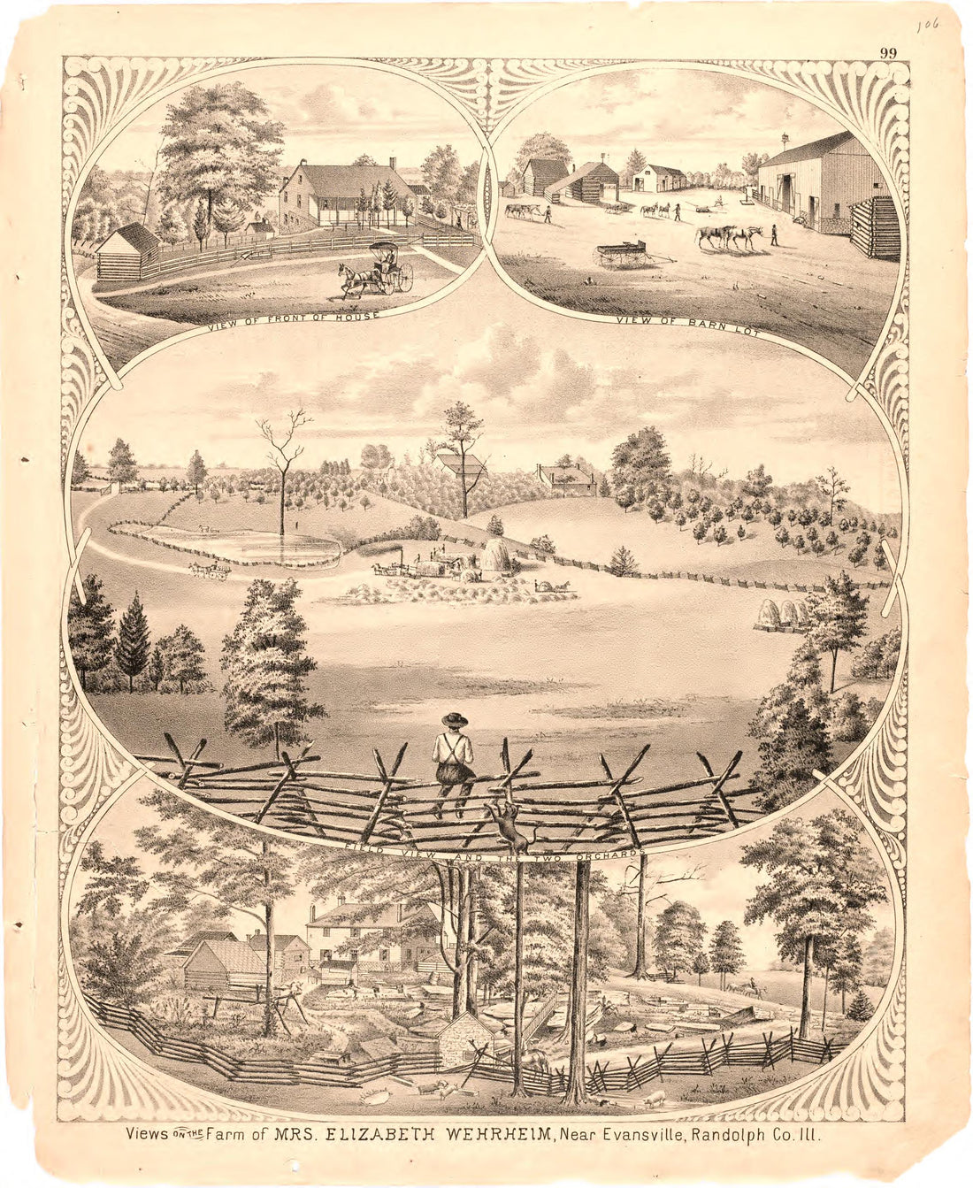 Views On the Farm of Mrs. Elizabeth Wehrheim, Near Evansville, Randolph County Ill. from an Illustrated Historical Atlas Map of Randolph County, Ills. : Carefully Compiled from Personal Examinations and Surveys 1875 by Relic Map Company