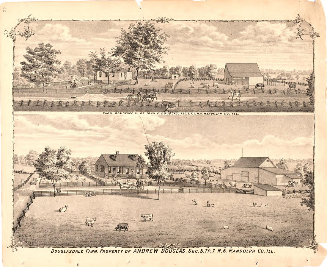Farm Residence &amp;c. of John C. Douglas from an Illustrated Historical Atlas Map of Randolph County, Ills. : Carefully Compiled from Personal Examinations and Surveys 1875 by Relic Map Company