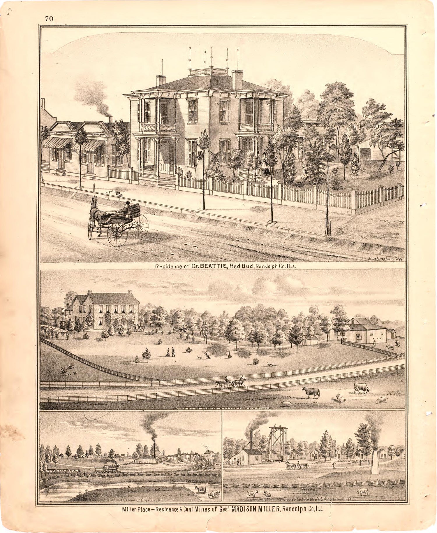 Residence of Dr. Beattie and Miller Place from an Illustrated Historical Atlas Map of Randolph County, Ills. : Carefully Compiled from Personal Examinations and Surveys 1875 by Relic Map Company