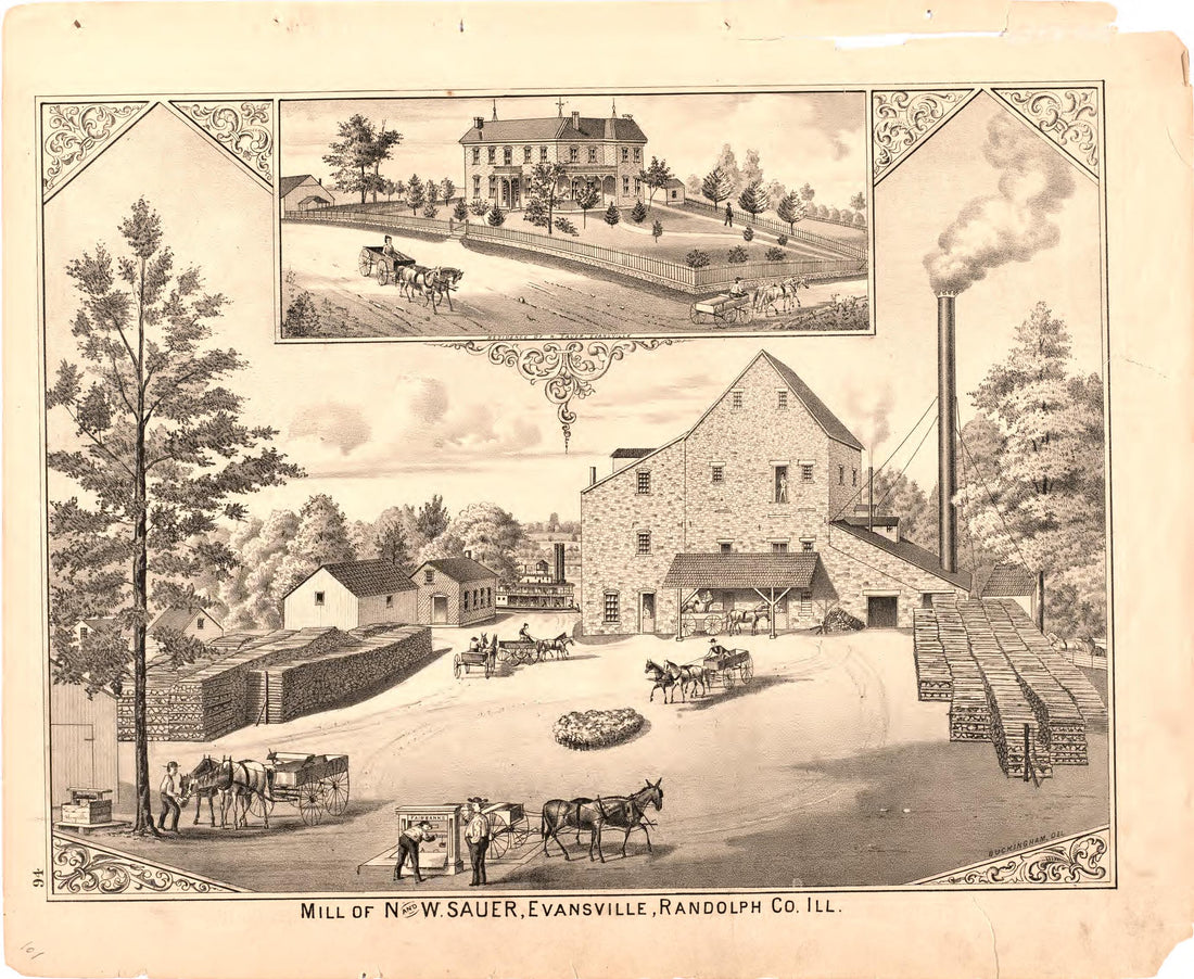 Mill of N and W Sauer, Evansville, Randolph County Ill. from an Illustrated Historical Atlas Map of Randolph County, Ills. : Carefully Compiled from Personal Examinations and Surveys 1875 by Relic Map Company