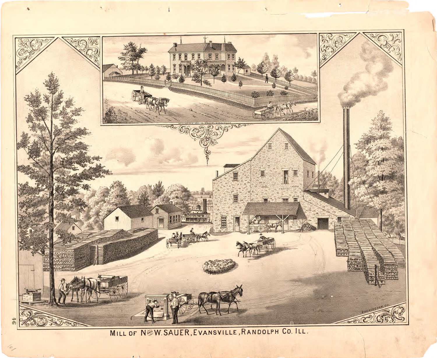 Mill of N and W Sauer, Evansville, Randolph County Ill. from an Illustrated Historical Atlas Map of Randolph County, Ills. : Carefully Compiled from Personal Examinations and Surveys 1875 by Relic Map Company