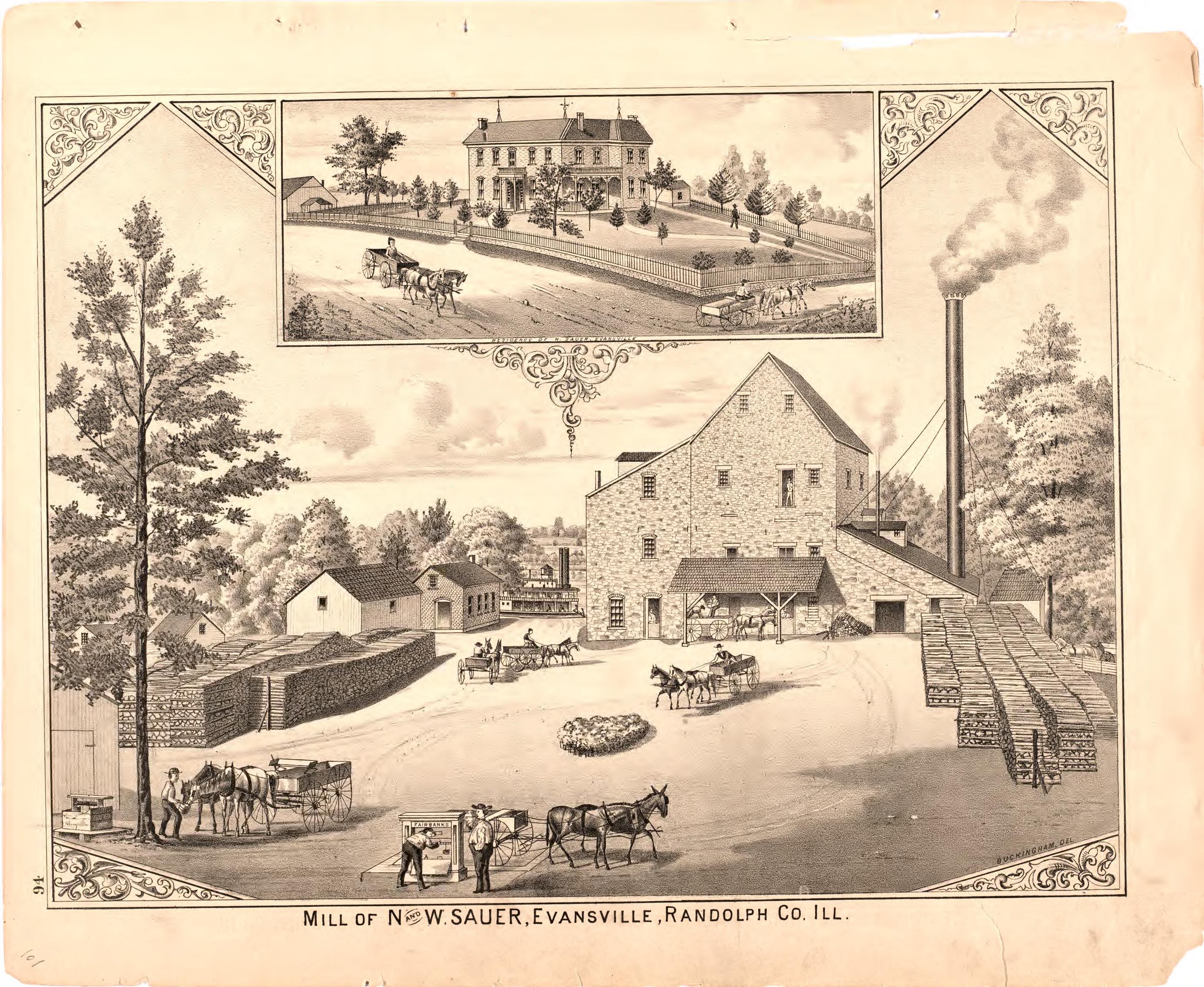 Mill of N and W Sauer, Evansville, Randolph County Ill. from an Illustrated Historical Atlas Map of Randolph County, Ills. : Carefully Compiled from Personal Examinations and Surveys 1875 by Relic Map Company