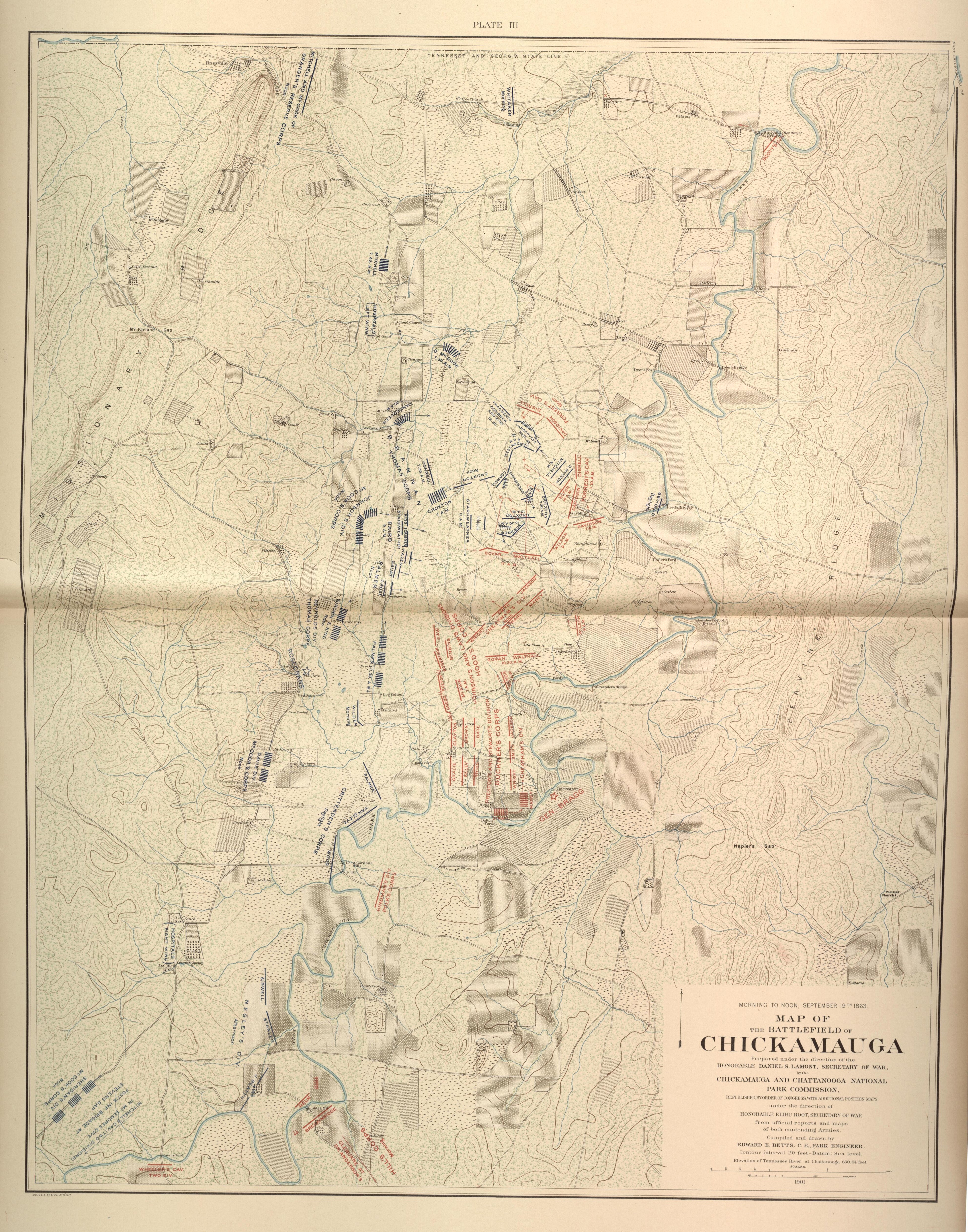 Morning - Noon, Sept. 19th, 1863 - Battlefield of Chickamauga from Atlas of the Battlefields of Chickamauga, Chattanooga, and Vicinity 1901 by Relic Map Company