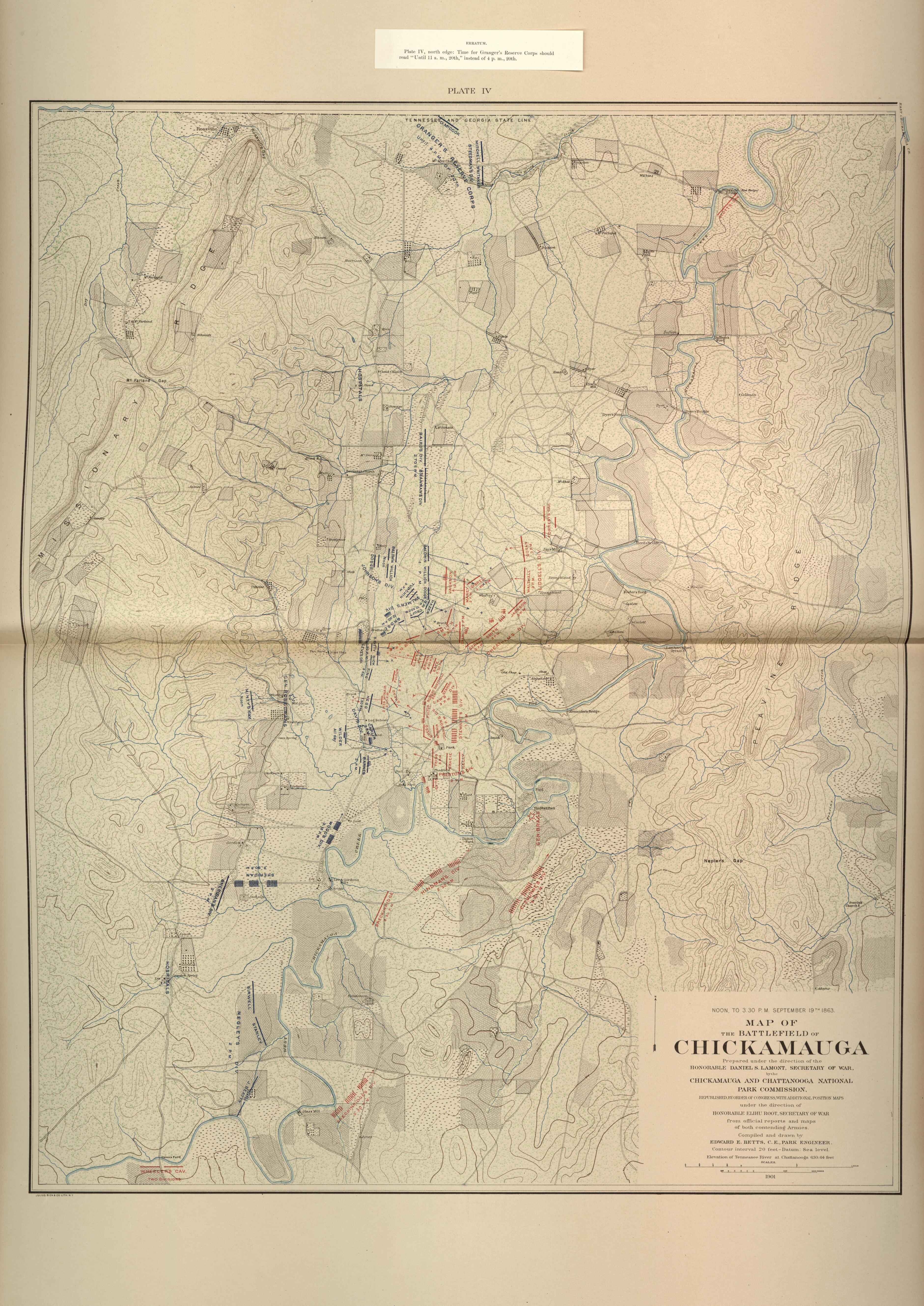 Noon - 3:30 PM, Sept. 19th, 1863 - Battlefield of Chickamauga from Atlas of the Battlefields of Chickamauga, Chattanooga, and Vicinity 1901 by Relic Map Company