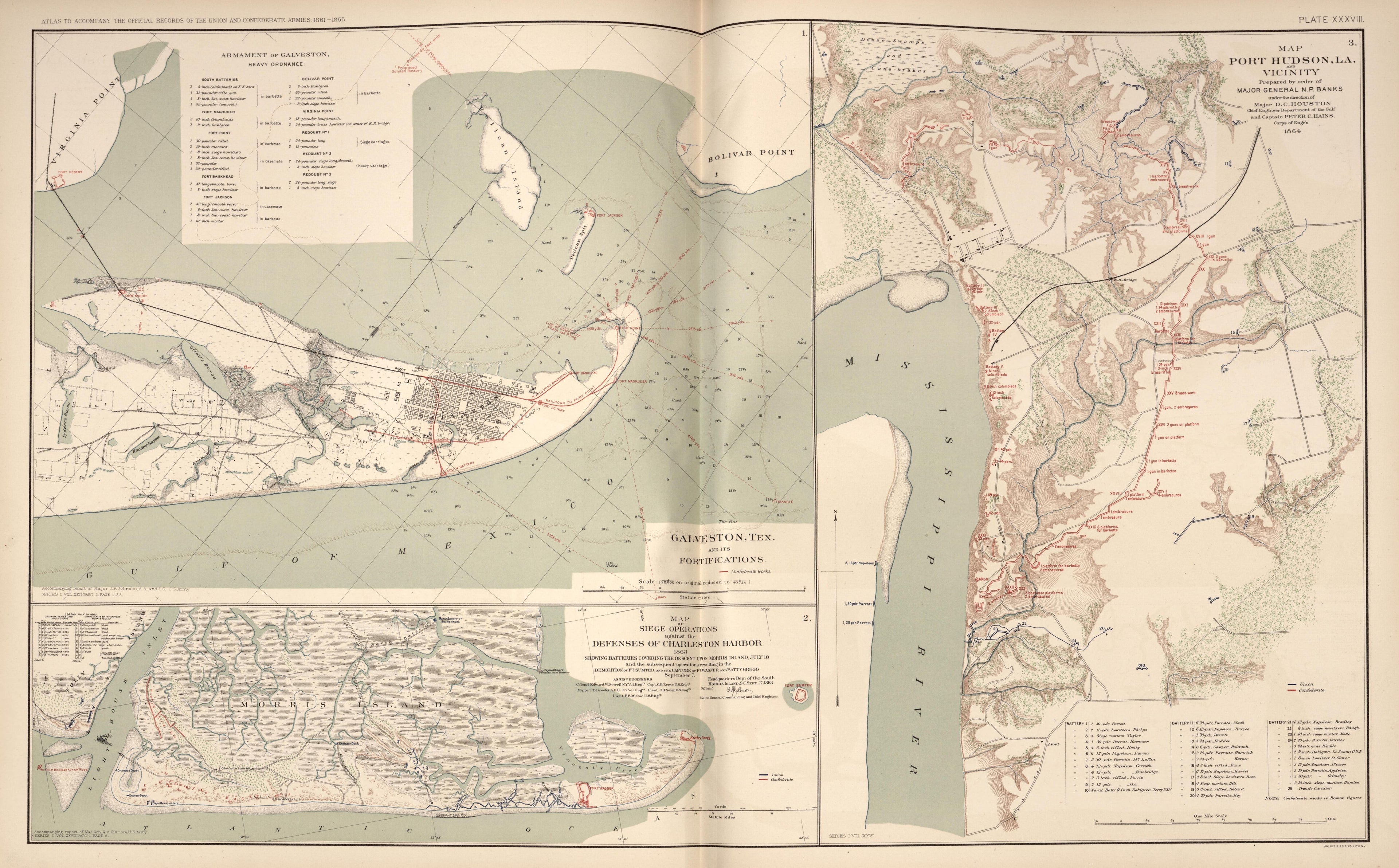 Galveston, Tex.; Port Hudson, La.; Charleston, S.C. from Atlas of the War of the Rebellion Giving Union and Confederate Armies by Actual Surveys by the Union and Confederate Engineers, and Approved by the Officers In Command, of All the Maps … 1892 by Relic Map Company