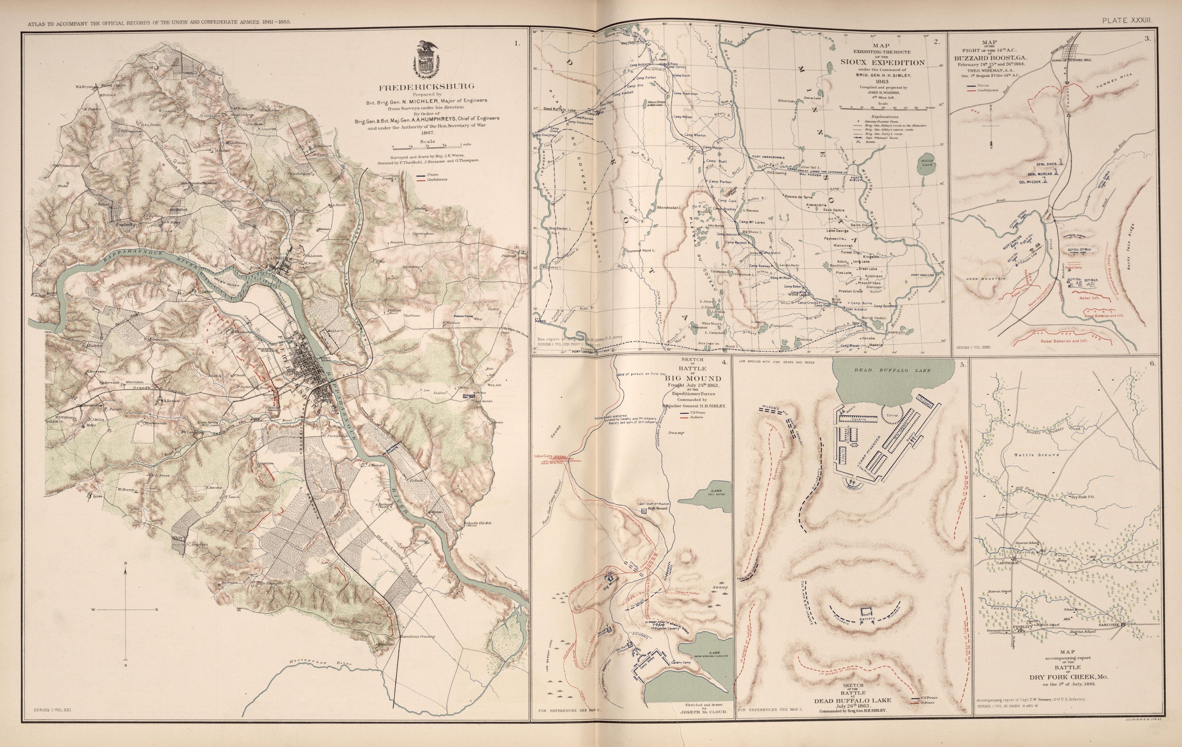 Fredericksburg;Buzzard Roost;Dry Fork Creek;Dead Buffalo Lake;Big Mound from Atlas of the War of the Rebellion Giving Union and Confederate Armies by Actual Surveys by the Union and Confederate Engineers, and Approved by the Officers In Command, of Al... by Relic Map Company