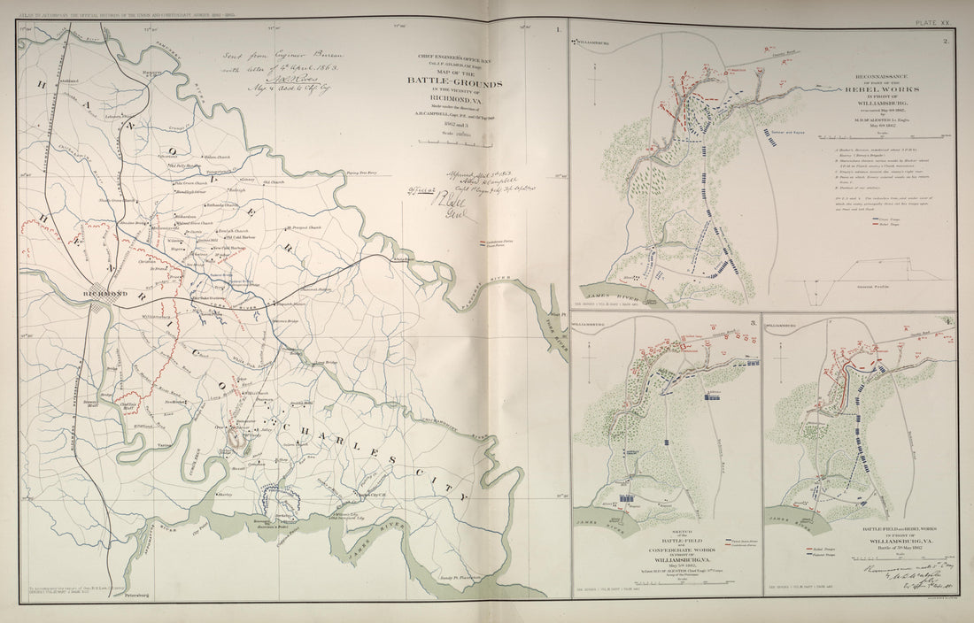 Richmond, Va.; Williamsburg, Va. from Atlas of the War of the Rebellion Giving Union and Confederate Armies by Actual Surveys by the Union and Confederate Engineers, and Approved by the Officers In Command, of All the Maps … 1892 by Relic Map Company