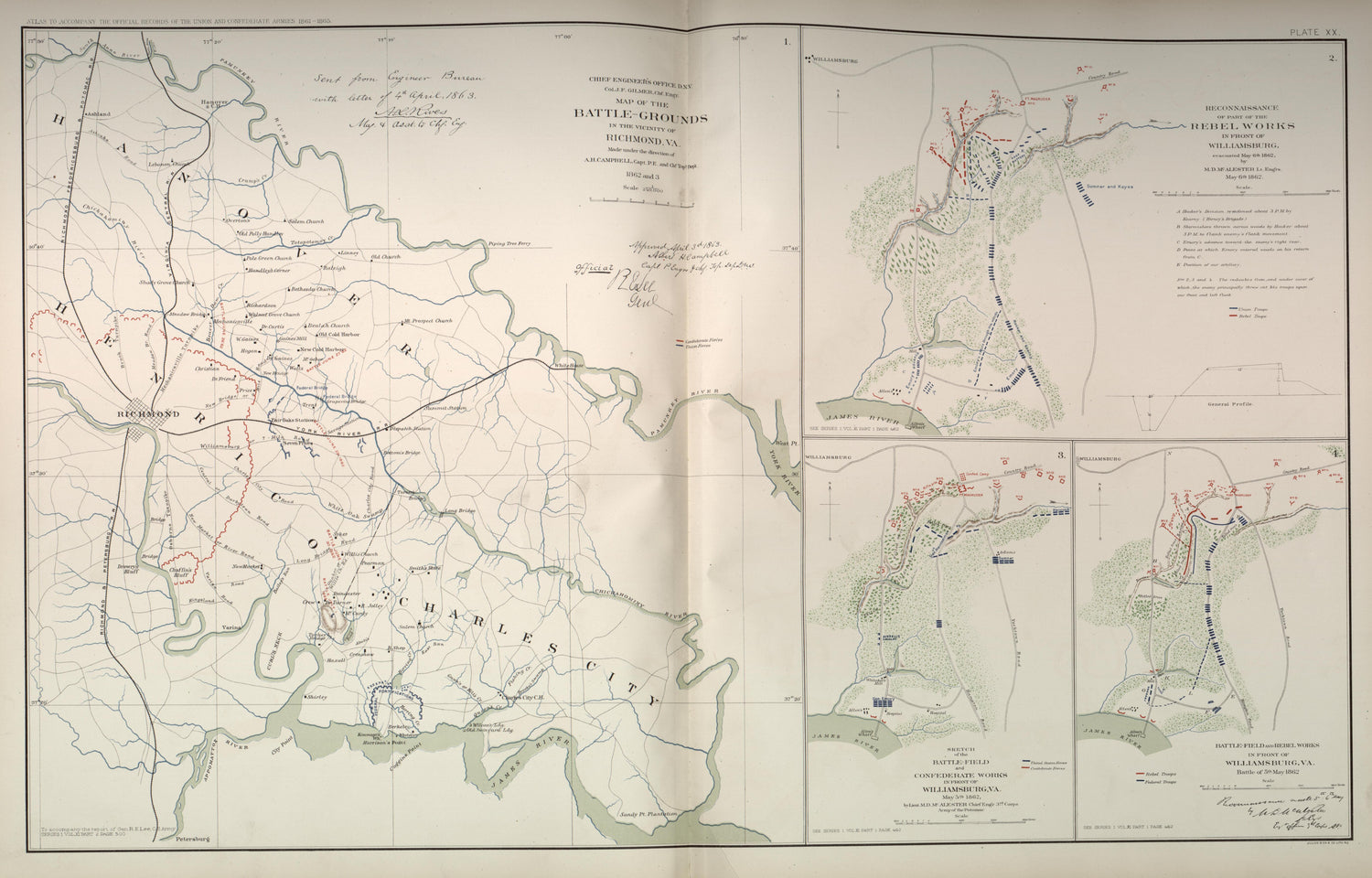 Richmond, Va.; Williamsburg, Va. from Atlas of the War of the Rebellion Giving Union and Confederate Armies by Actual Surveys by the Union and Confederate Engineers, and Approved by the Officers In Command, of All the Maps … 1892 by Relic Map Company
