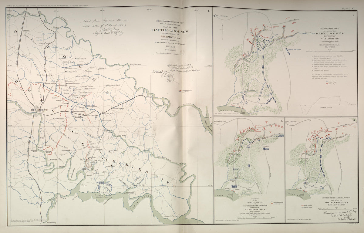 Richmond, Va.; Williamsburg, Va. from Atlas of the War of the Rebellion Giving Union and Confederate Armies by Actual Surveys by the Union and Confederate Engineers, and Approved by the Officers In Command, of All the Maps … 1892 by Relic Map Company