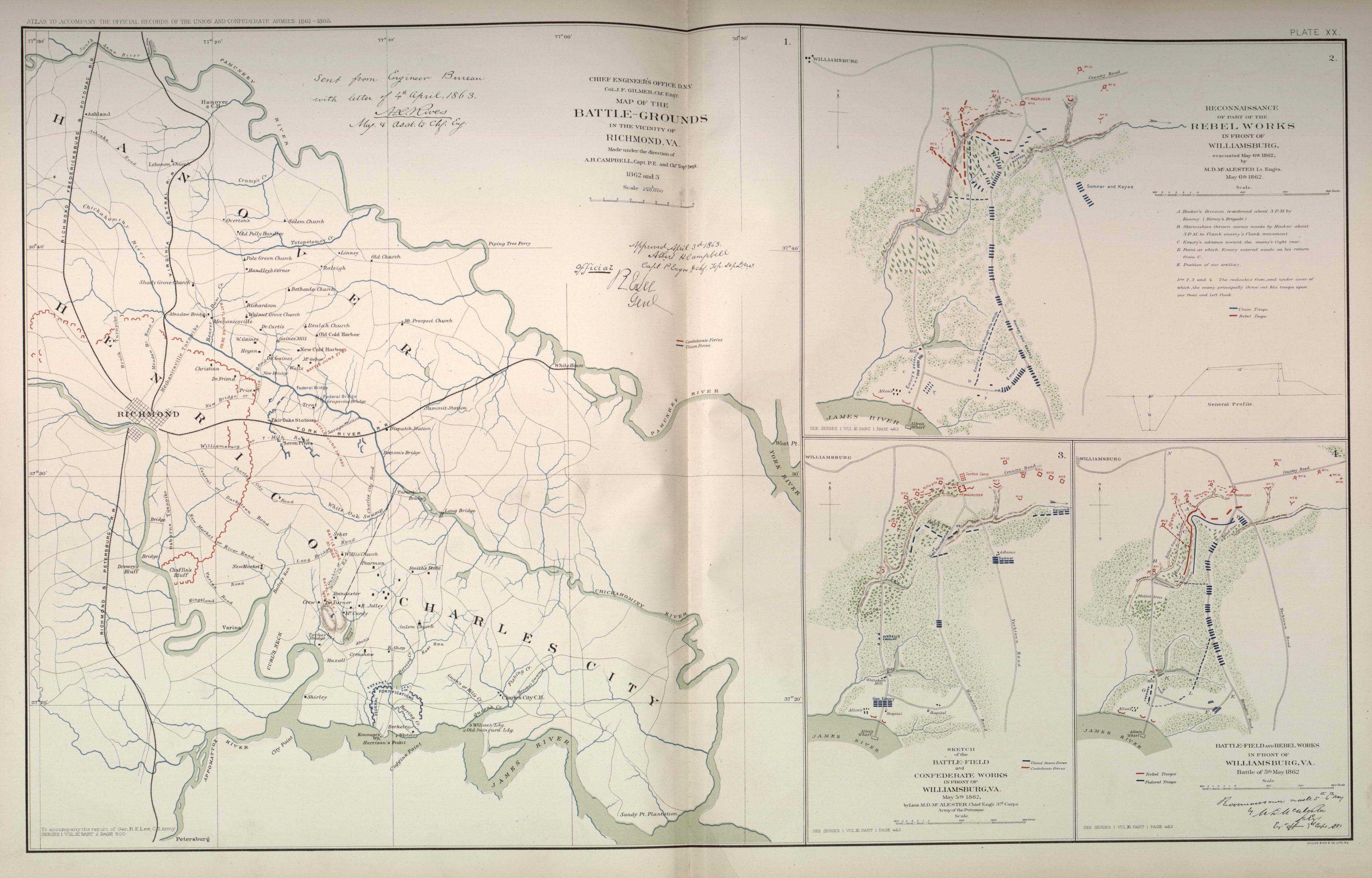 Richmond, Va.; Williamsburg, Va. from Atlas of the War of the Rebellion Giving Union and Confederate Armies by Actual Surveys by the Union and Confederate Engineers, and Approved by the Officers In Command, of All the Maps … 1892 by Relic Map Company