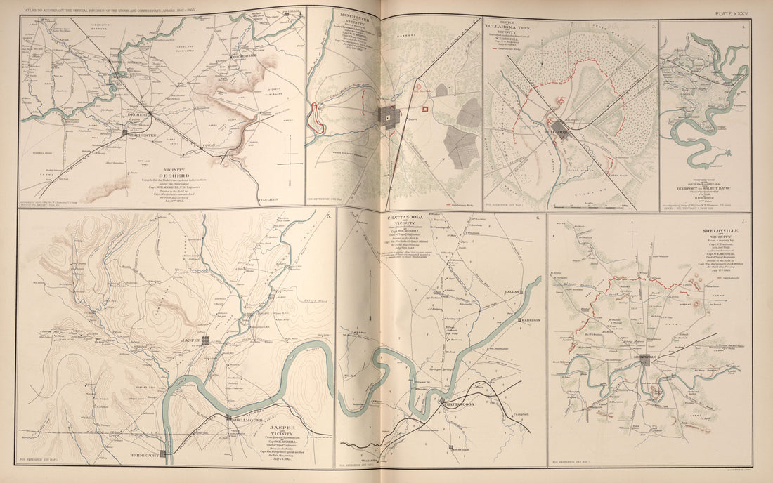 Decherd; Manchester; Tullahoma; Shelbyville; Chattanooga; Jasper, Tenn. from Atlas of the War of the Rebellion Giving Union and Confederate Armies by Actual Surveys by the Union and Confederate Engineers, and Approved by the Officers In Command, of Al... by Relic Map Company