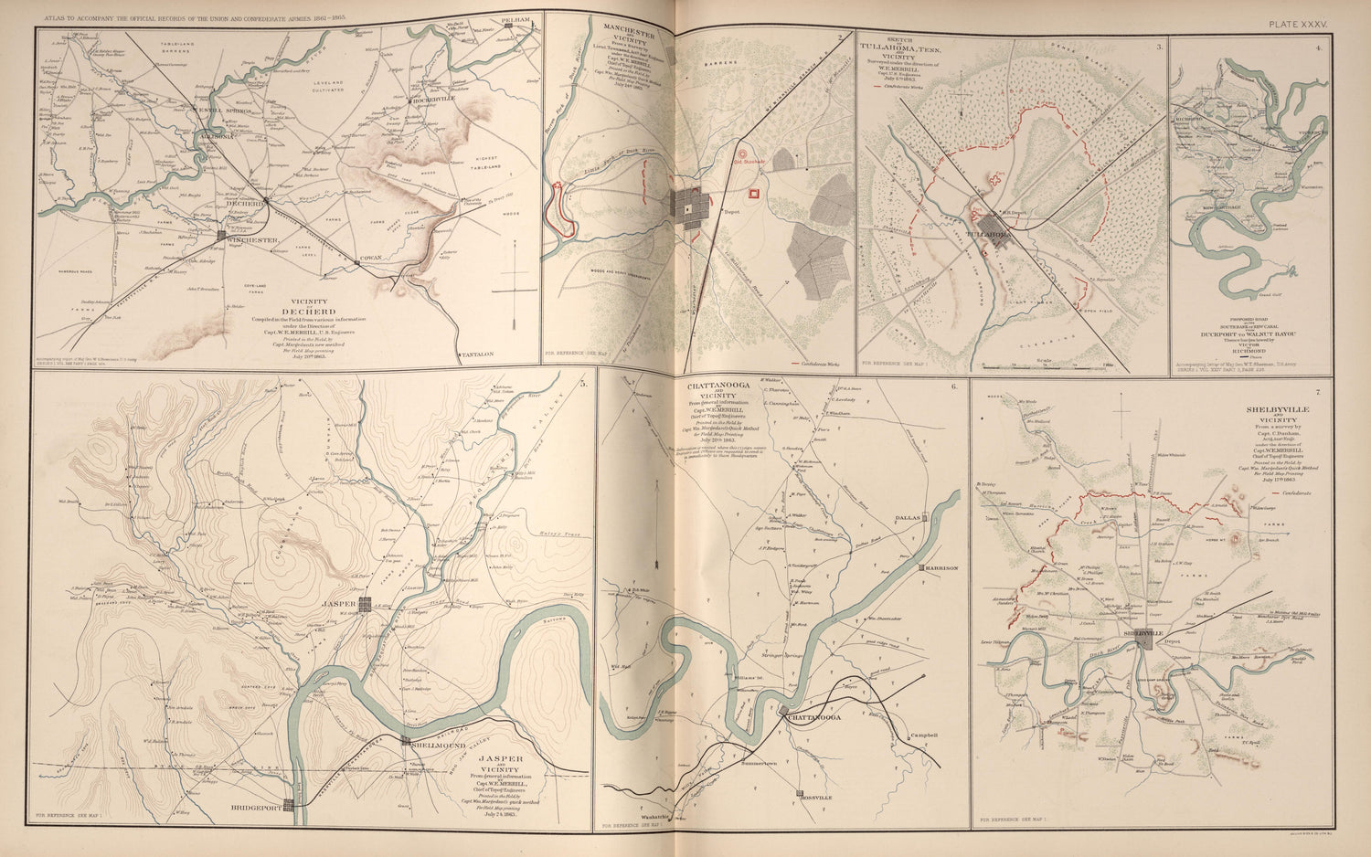Decherd; Manchester; Tullahoma; Shelbyville; Chattanooga; Jasper, Tenn. from Atlas of the War of the Rebellion Giving Union and Confederate Armies by Actual Surveys by the Union and Confederate Engineers, and Approved by the Officers In Command, of Al... by Relic Map Company
