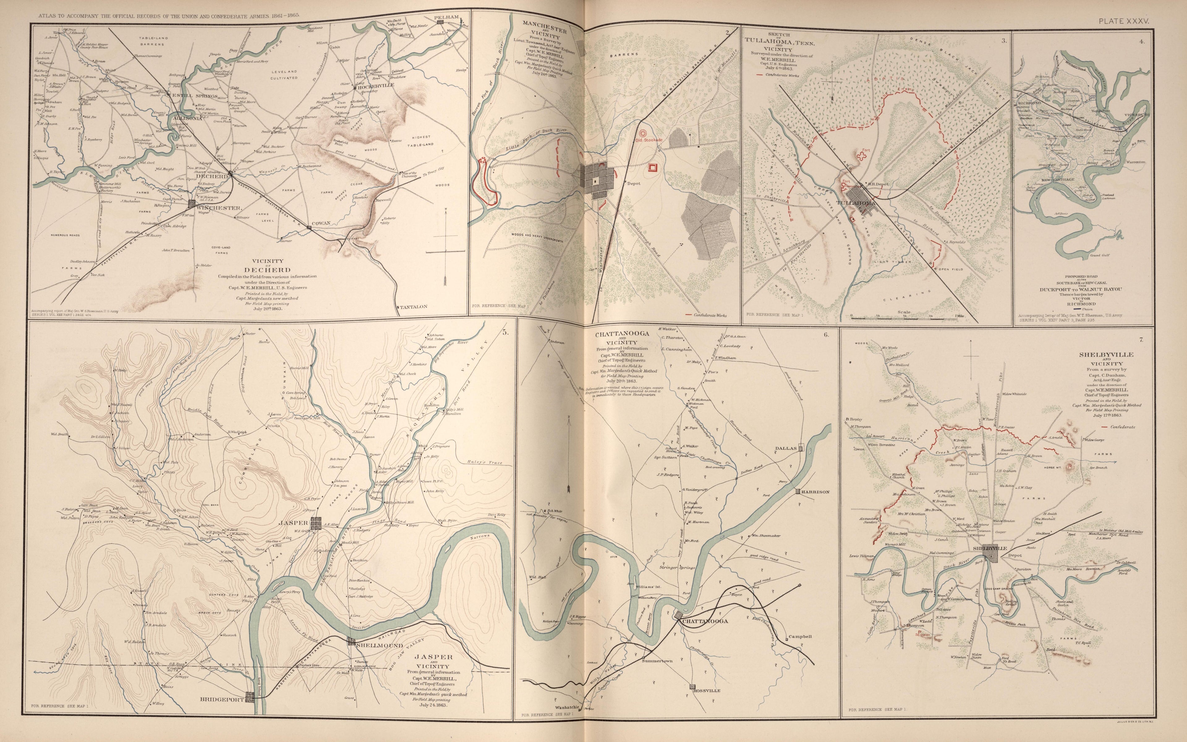 Decherd; Manchester; Tullahoma; Shelbyville; Chattanooga; Jasper, Tenn. from Atlas of the War of the Rebellion Giving Union and Confederate Armies by Actual Surveys by the Union and Confederate Engineers, and Approved by the Officers In Command, of Al... by Relic Map Company