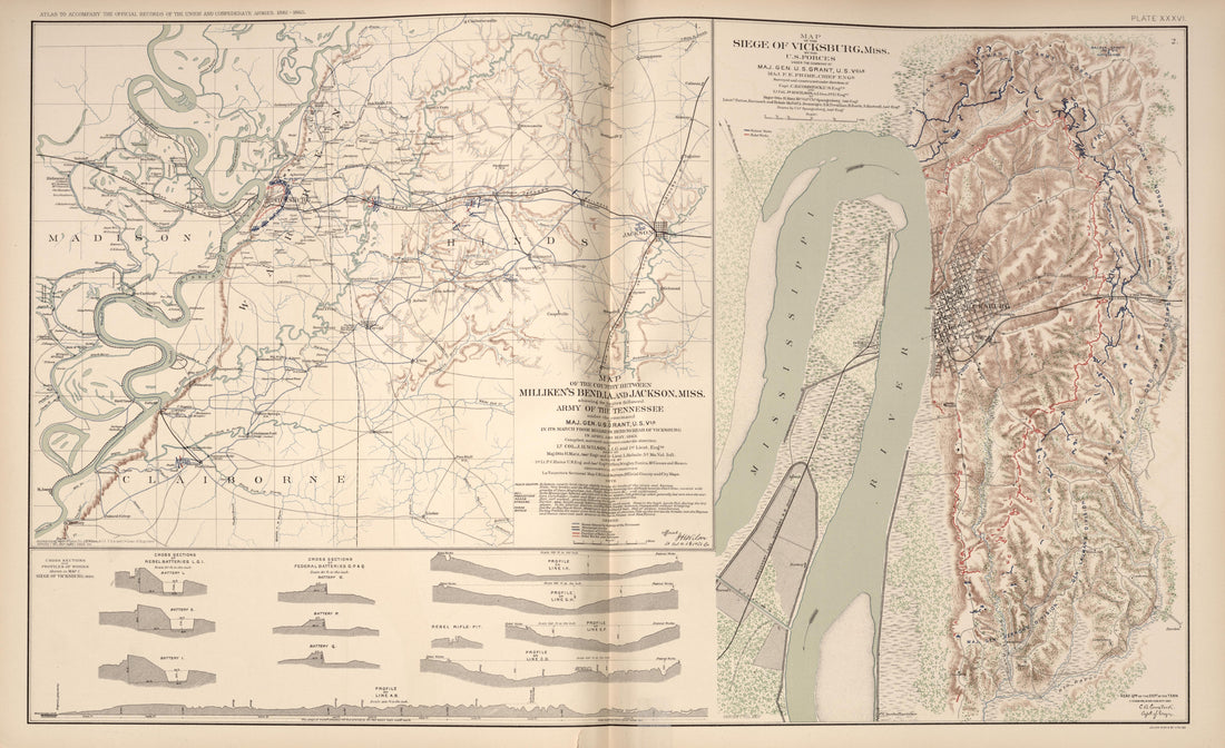 Vicksburg, Miss.; Millikens Bend, La.; Jackson, Miss. from Atlas of the War of the Rebellion Giving Union and Confederate Armies by Actual Surveys by the Union and Confederate Engineers, and Approved by the Officers In Command, of All the Maps … 1892 by Relic Map Company