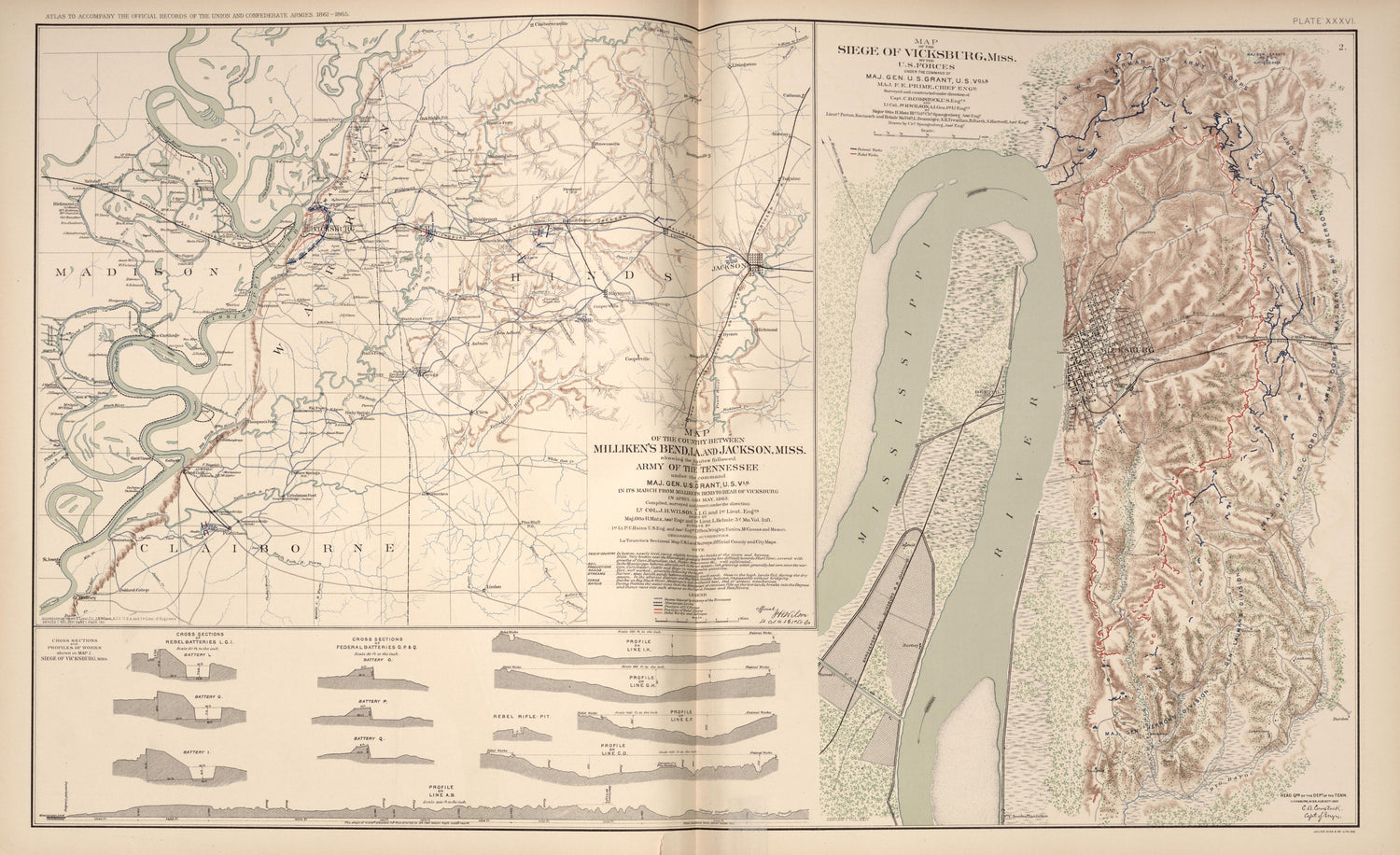 Vicksburg, Miss.; Millikens Bend, La.; Jackson, Miss. from Atlas of the War of the Rebellion Giving Union and Confederate Armies by Actual Surveys by the Union and Confederate Engineers, and Approved by the Officers In Command, of All the Maps … 1892 by Relic Map Company