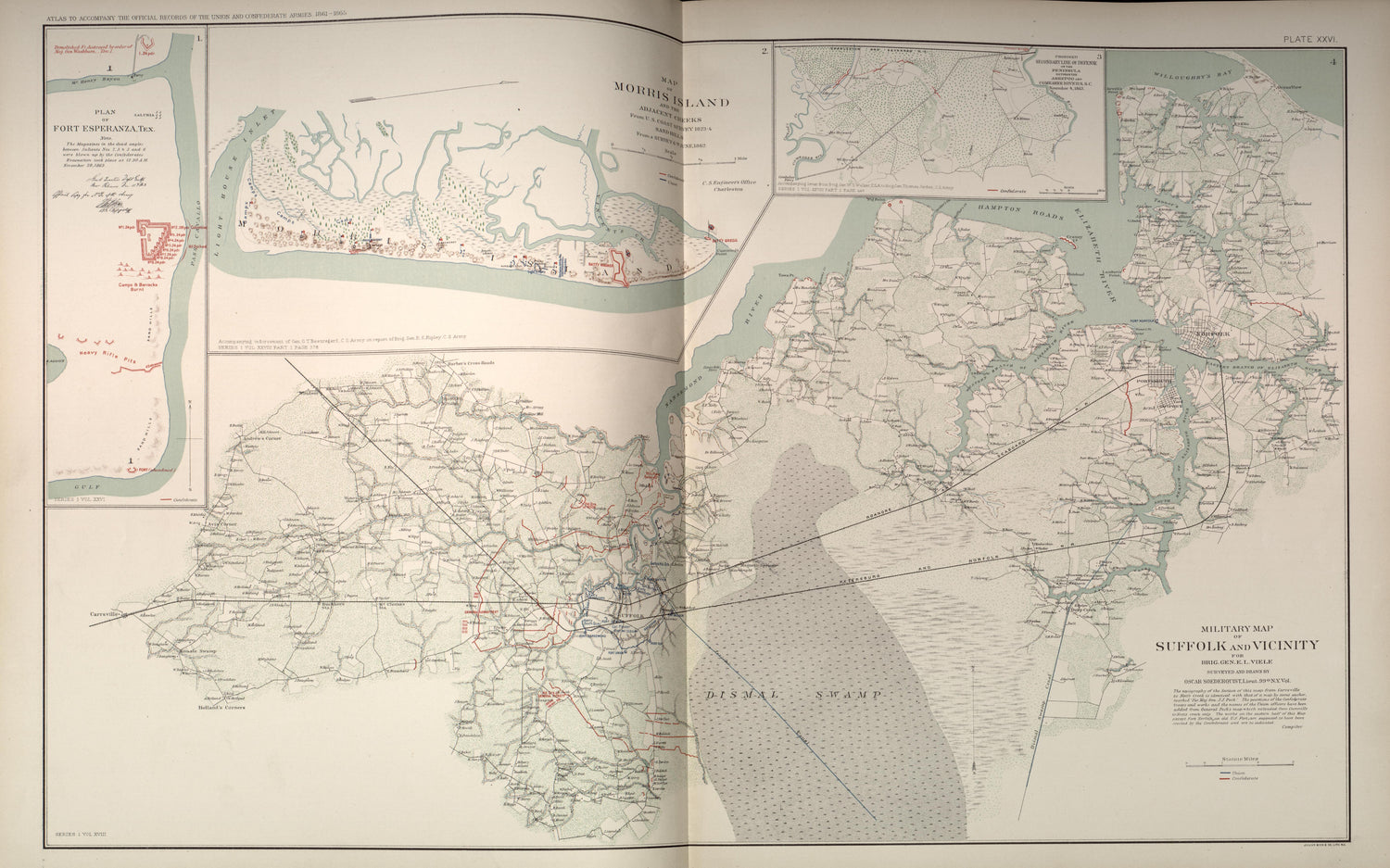 Fort Esperanza, Tex.; Morris Island, S.C.; Suffolk, Va. from Atlas of the War of the Rebellion Giving Union and Confederate Armies by Actual Surveys by the Union and Confederate Engineers, and Approved by the Officers In Command, of All the Maps … 1892 by Relic Map Company