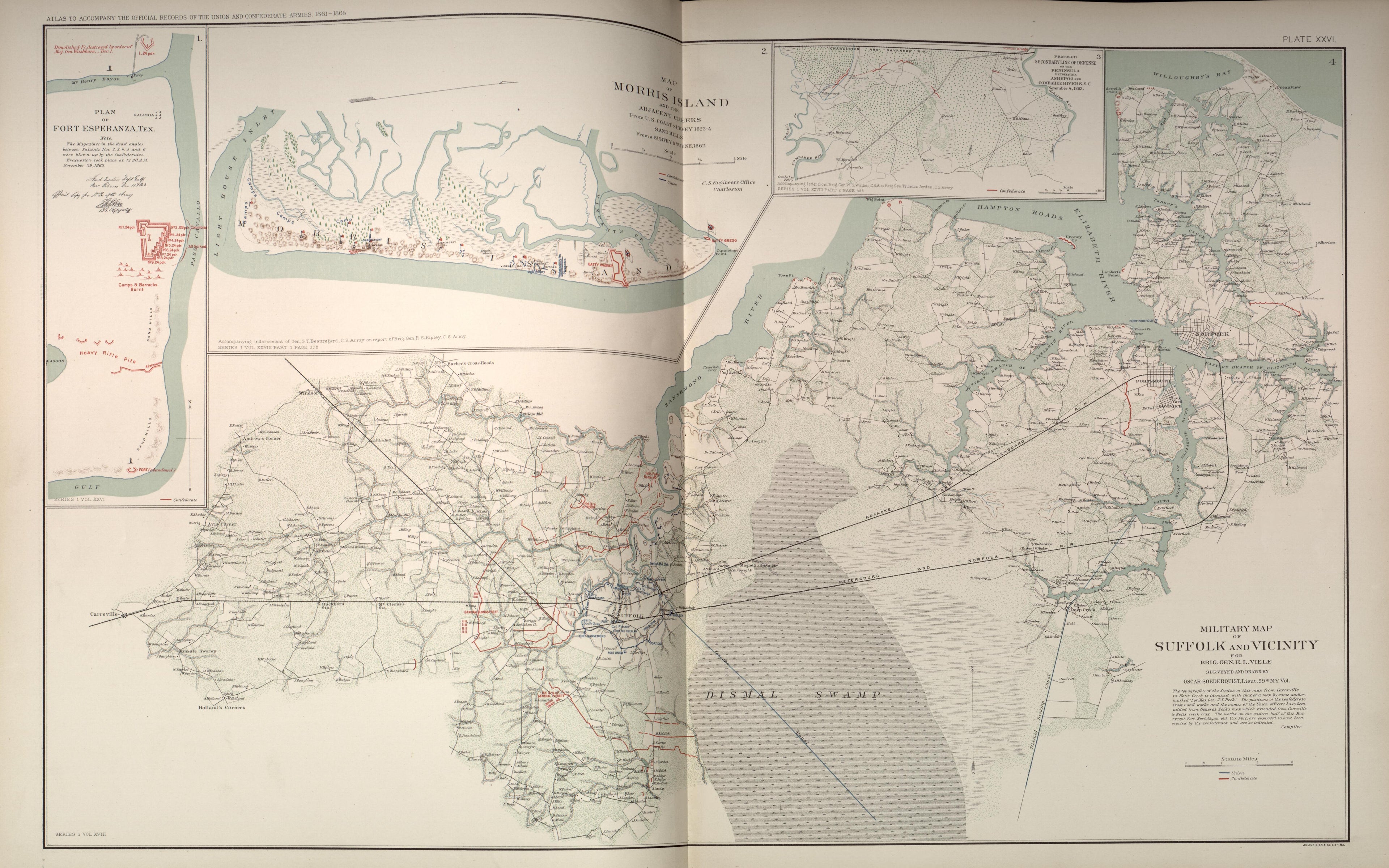 Fort Esperanza, Tex.; Morris Island, S.C.; Suffolk, Va. from Atlas of the War of the Rebellion Giving Union and Confederate Armies by Actual Surveys by the Union and Confederate Engineers, and Approved by the Officers In Command, of All the Maps … 1892 by Relic Map Company
