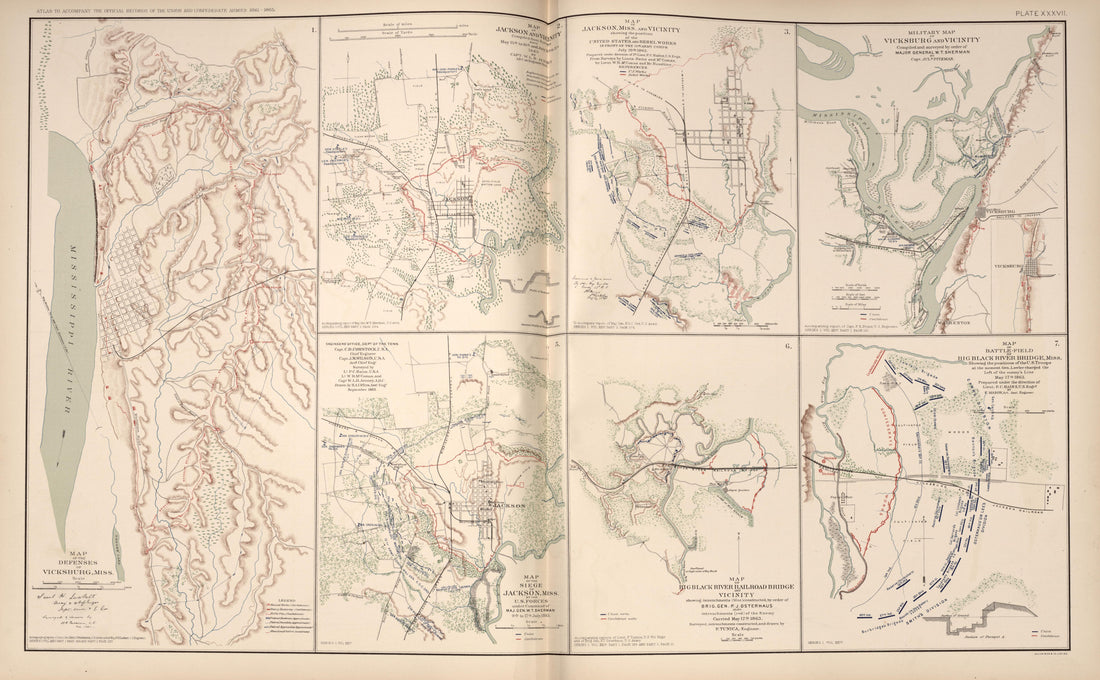 Vicksburg, Miss.; Jackson, Miss.; Big Black River Bridge, Miss. from Atlas of the War of the Rebellion Giving Union and Confederate Armies by Actual Surveys by the Union and Confederate Engineers, and Approved by the Officers In Command, of All the Ma... by Relic Map Company