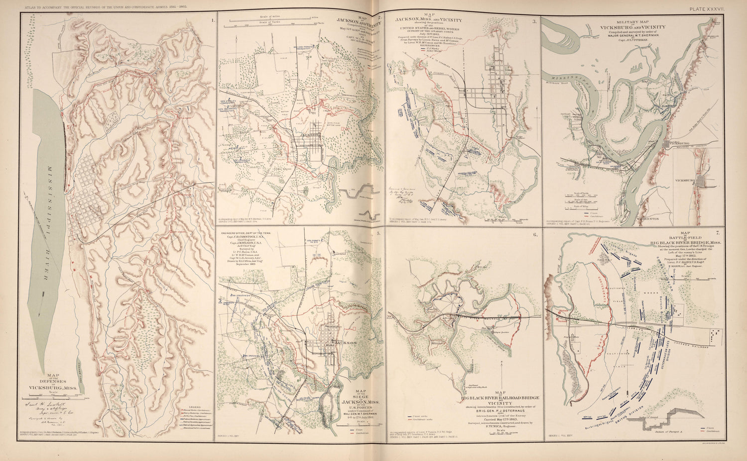 Vicksburg, Miss.; Jackson, Miss.; Big Black River Bridge, Miss. from Atlas of the War of the Rebellion Giving Union and Confederate Armies by Actual Surveys by the Union and Confederate Engineers, and Approved by the Officers In Command, of All the Ma... by Relic Map Company