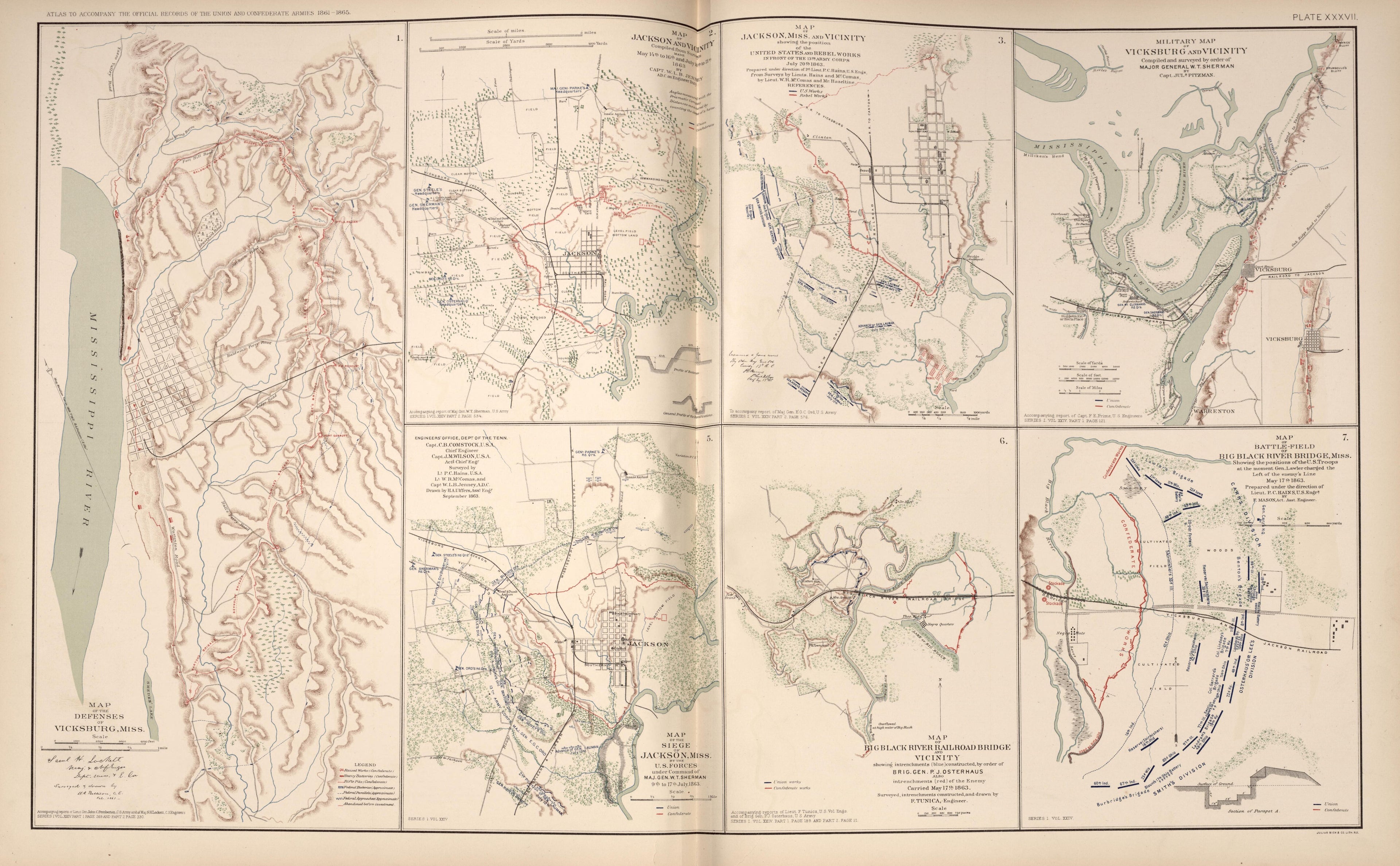 Vicksburg, Miss.; Jackson, Miss.; Big Black River Bridge, Miss. from Atlas of the War of the Rebellion Giving Union and Confederate Armies by Actual Surveys by the Union and Confederate Engineers, and Approved by the Officers In Command, of All the Ma... by Relic Map Company