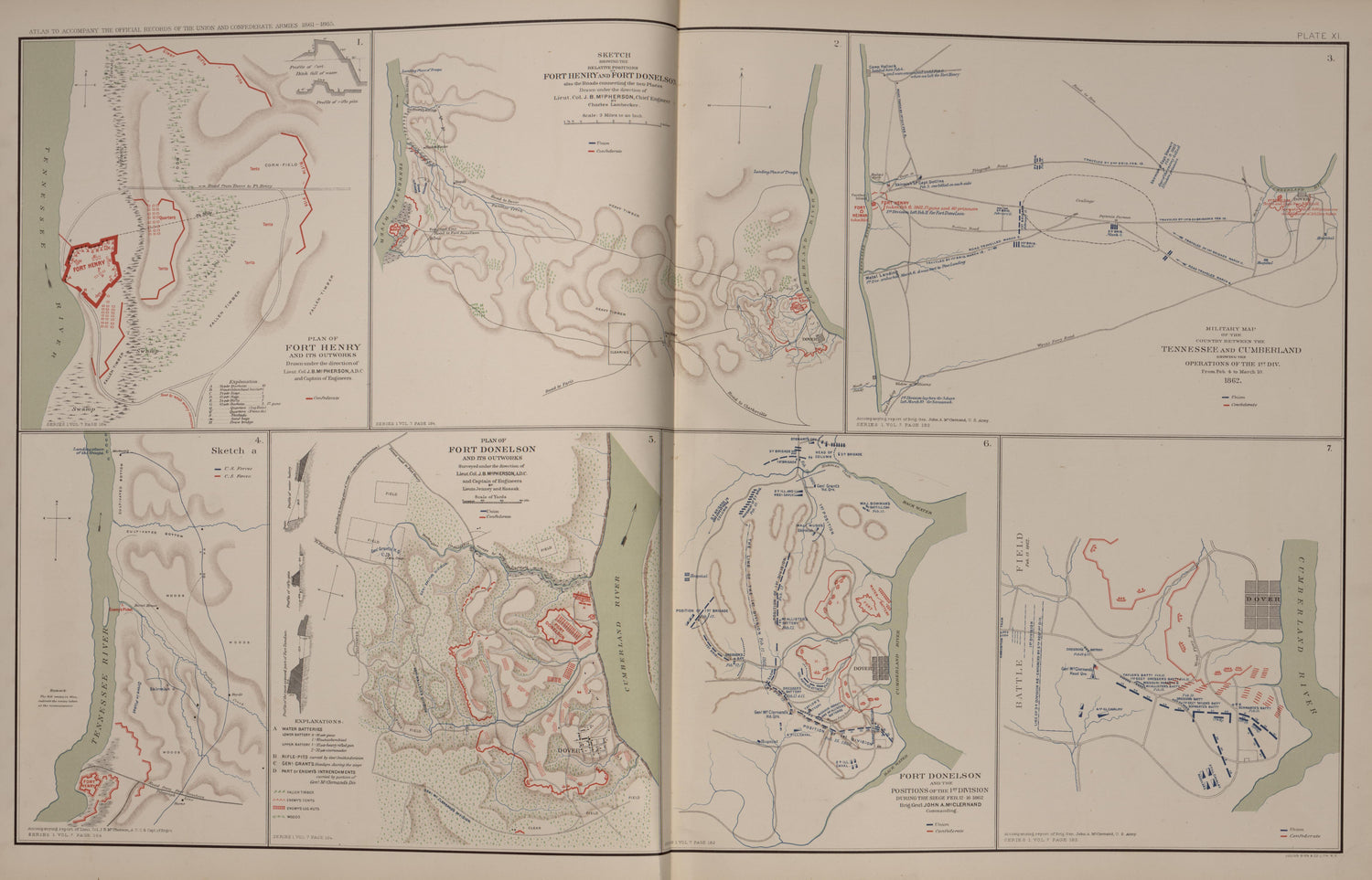 Operations Between Tenn. and Cumberland, Fort Henry and Fort Donelson, Tenn. from Atlas of the War of the Rebellion Giving Union and Confederate Armies by Actual Surveys by the Union and Confederate Engineers, and Approved by the Officers In Command, ... by Relic Map Company