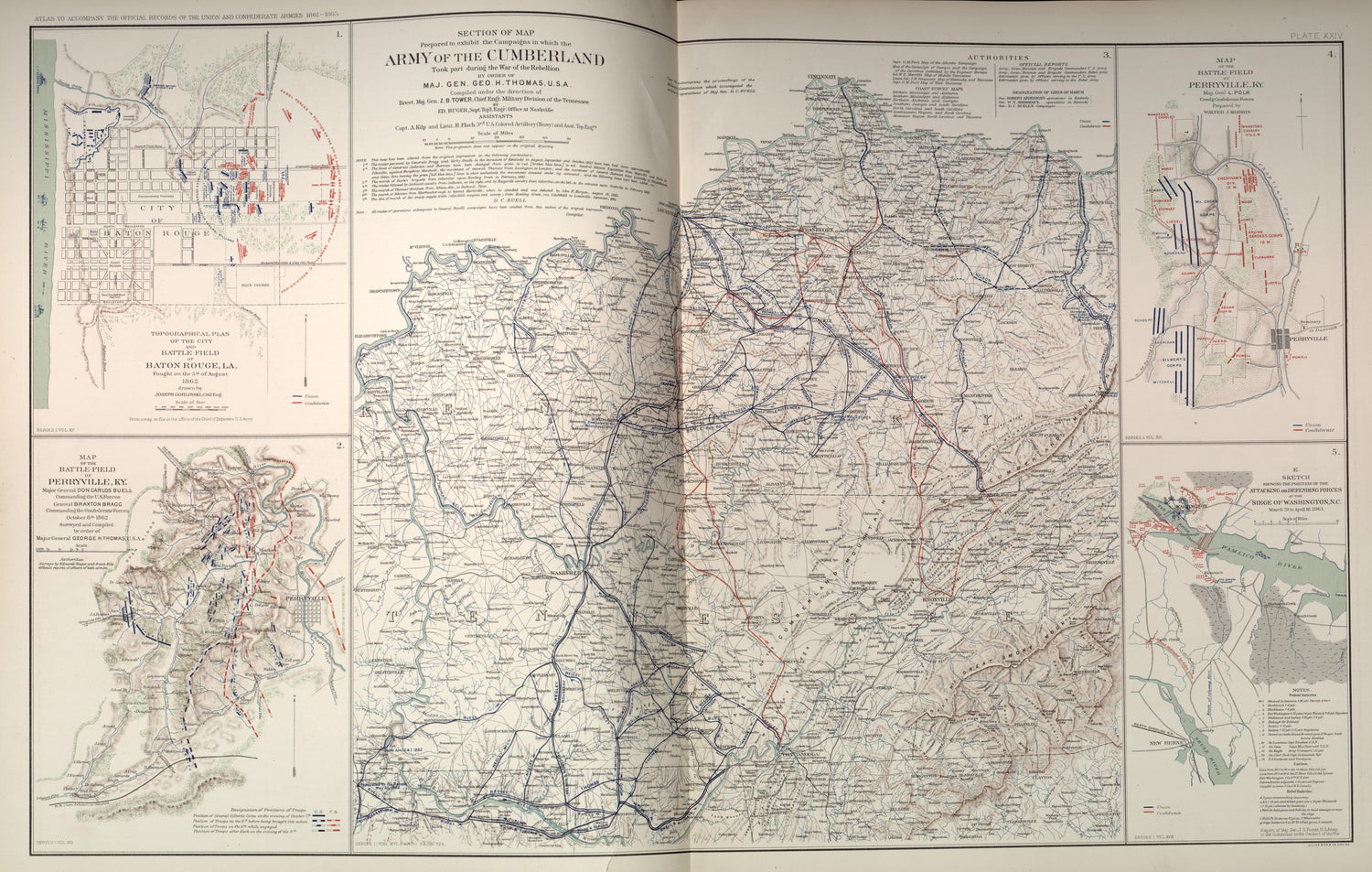 Cumberland, Md.; Perryville, Ky.; Baton Rouge, La.; Wash., D.C. from Atlas of the War of the Rebellion Giving Union and Confederate Armies by Actual Surveys by the Union and Confederate Engineers, and Approved by the Officers In Command, of All the Ma... by Relic Map Company