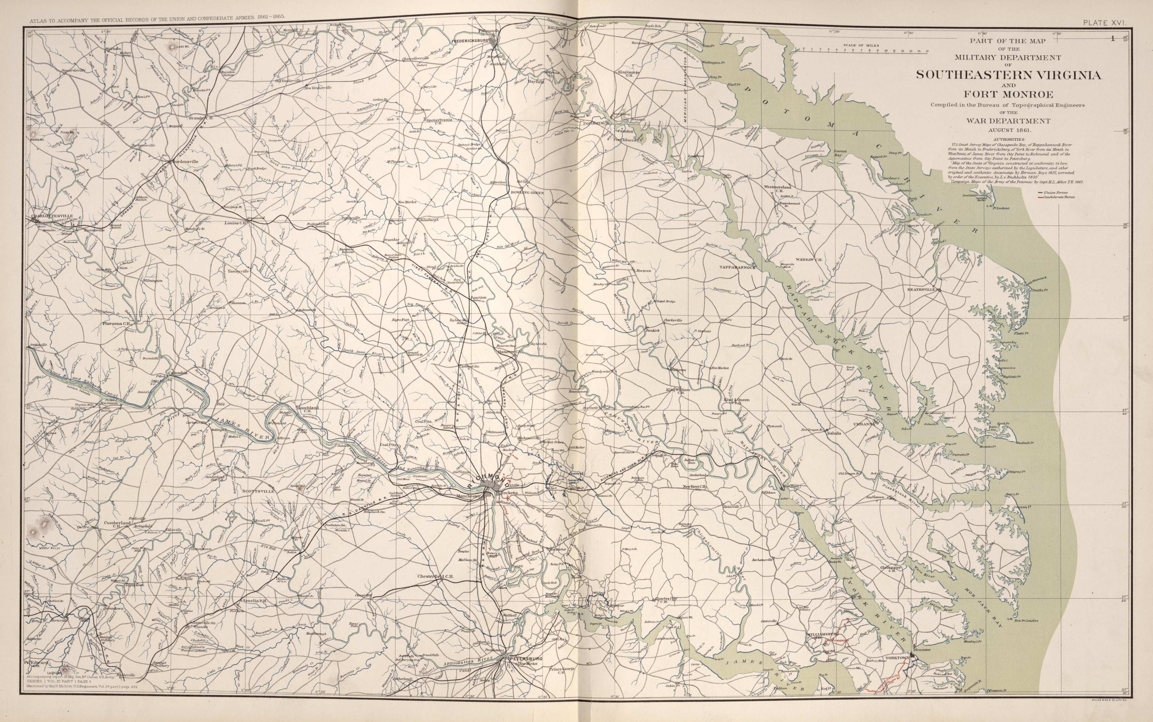 Southeastern Virginia and Fort Monroe, Va. from Atlas of the War of the Rebellion Giving Union and Confederate Armies by Actual Surveys by the Union and Confederate Engineers, and Approved by the Officers In Command, of All the Maps … 1892 by Relic Map Company