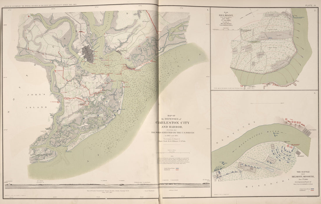 Charleston City and Harbor; Plan and Battle of Belmont, Missouri from Atlas of the War of the Rebellion Giving Union and Confederate Armies by Actual Surveys by the Union and Confederate Engineers, and Approved by the Officers In Command, of All the M... by Relic Map Company