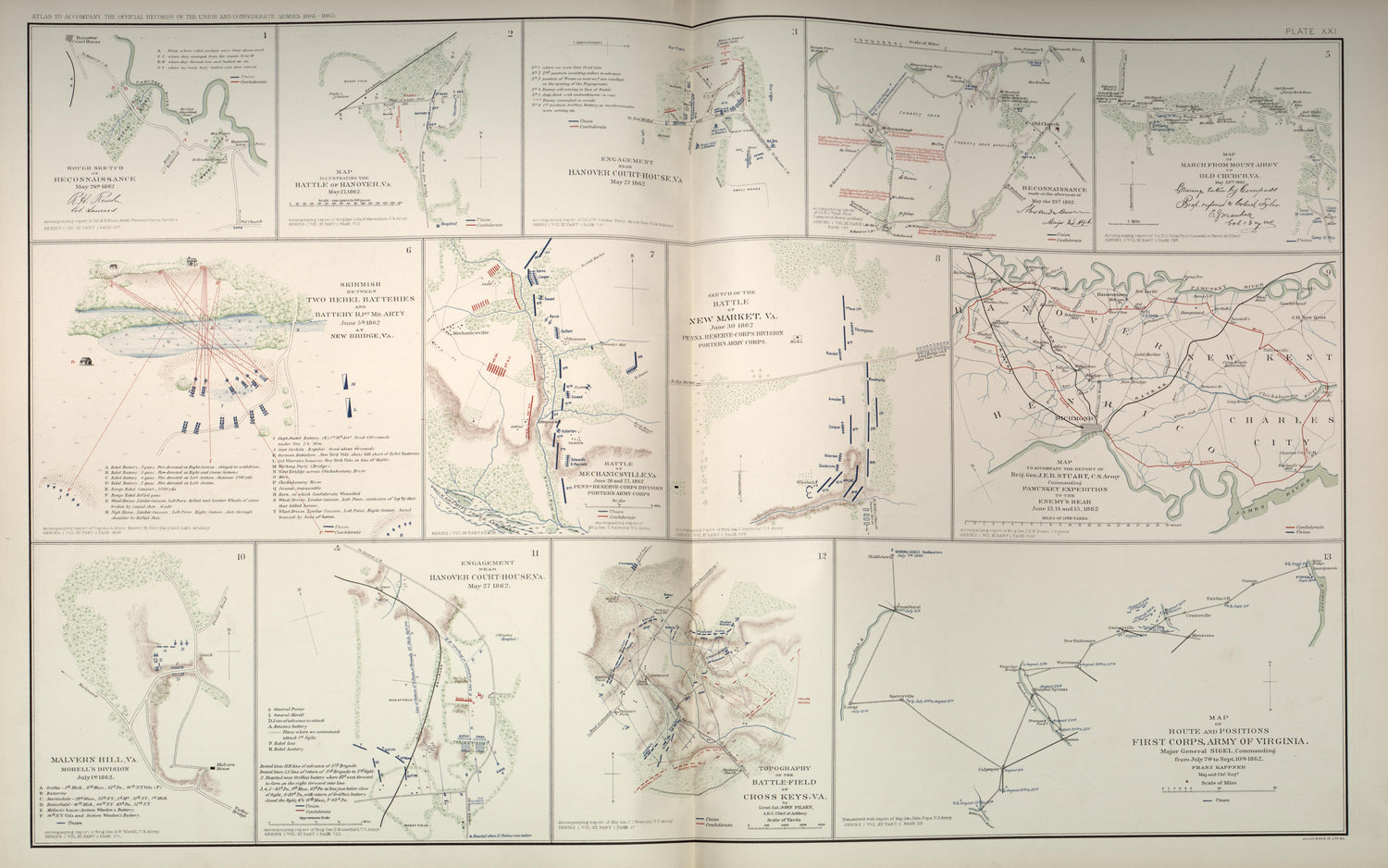 Hanover; New Market; Malvern Hill; Cross Keys; Old Church, Va. from Atlas of the War of the Rebellion Giving Union and Confederate Armies by Actual Surveys by the Union and Confederate Engineers, and Approved by the Officers In Command, of All the Map... by Relic Map Company