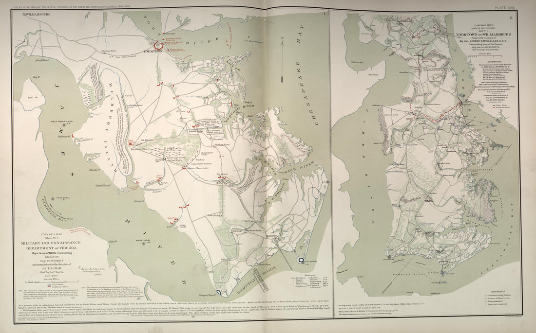 Yorktown to Williamsburg, Va. from Atlas of the War of the Rebellion Giving Union and Confederate Armies by Actual Surveys by the Union and Confederate Engineers, and Approved by the Officers In Command, of All the Maps … 1892 by Relic Map Company
