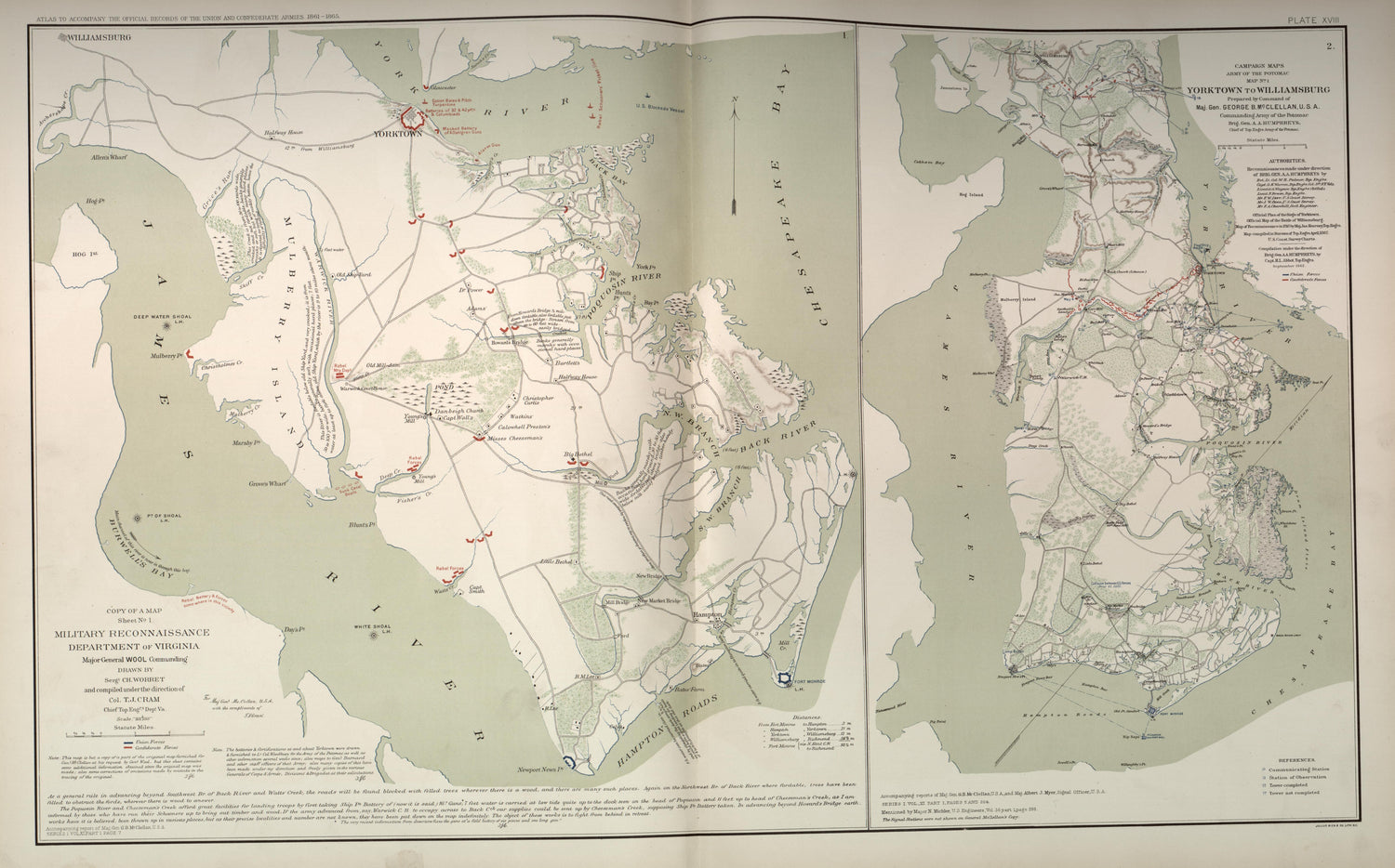 Yorktown to Williamsburg, Va. from Atlas of the War of the Rebellion Giving Union and Confederate Armies by Actual Surveys by the Union and Confederate Engineers, and Approved by the Officers In Command, of All the Maps … 1892 by Relic Map Company