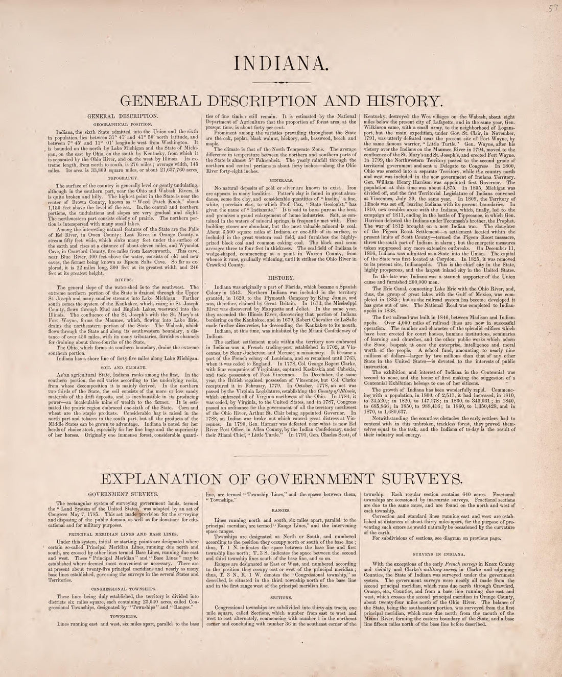 Indiana, General Description and History; Explanation of General Surveys from Atlas of Steuben County, Indiana : to Which Are Added Various General Maps, History, Statistics, Illustrations, &amp; C. &amp; C. &amp; C 1880 by Relic Map Company