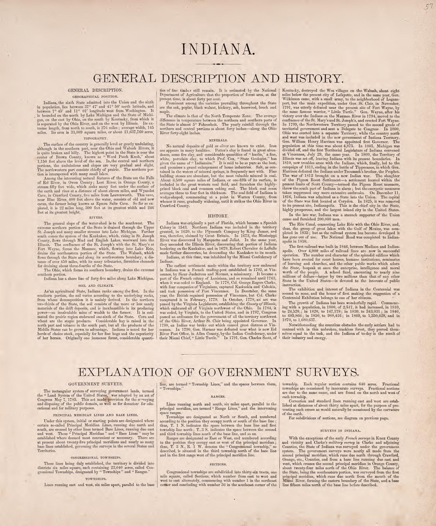 Indiana, General Description and History; Explanation of General Surveys from Atlas of Steuben County, Indiana : to Which Are Added Various General Maps, History, Statistics, Illustrations, &amp; C. &amp; C. &amp; C 1880 by Relic Map Company