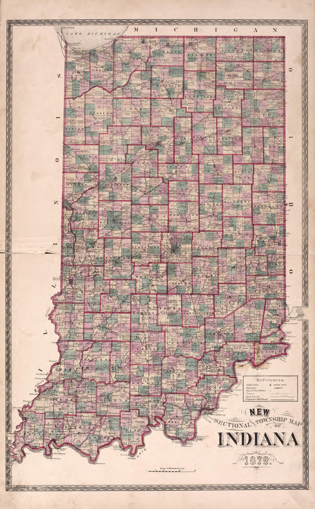 New Sectional Township Map of Indiana 1879 from Atlas of Steuben County, Indiana : to Which Are Added Various General Maps, History, Statistics, Illustrations, &amp; C. &amp; C. &amp; C 1880 by Relic Map Company
