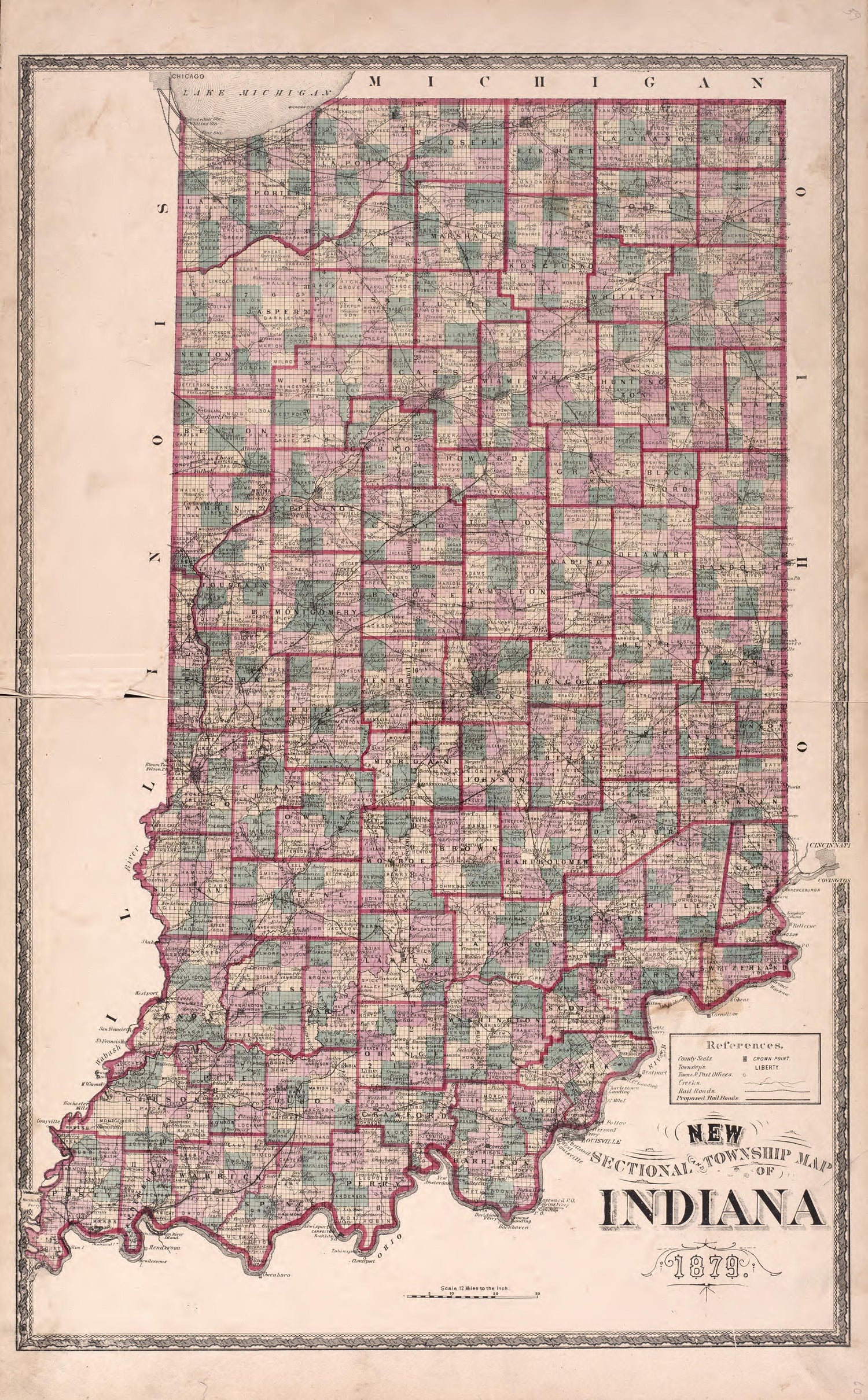 New Sectional Township Map of Indiana 1879 from Atlas of Steuben County, Indiana : to Which Are Added Various General Maps, History, Statistics, Illustrations, &amp; C. &amp; C. &amp; C 1880 by Relic Map Company