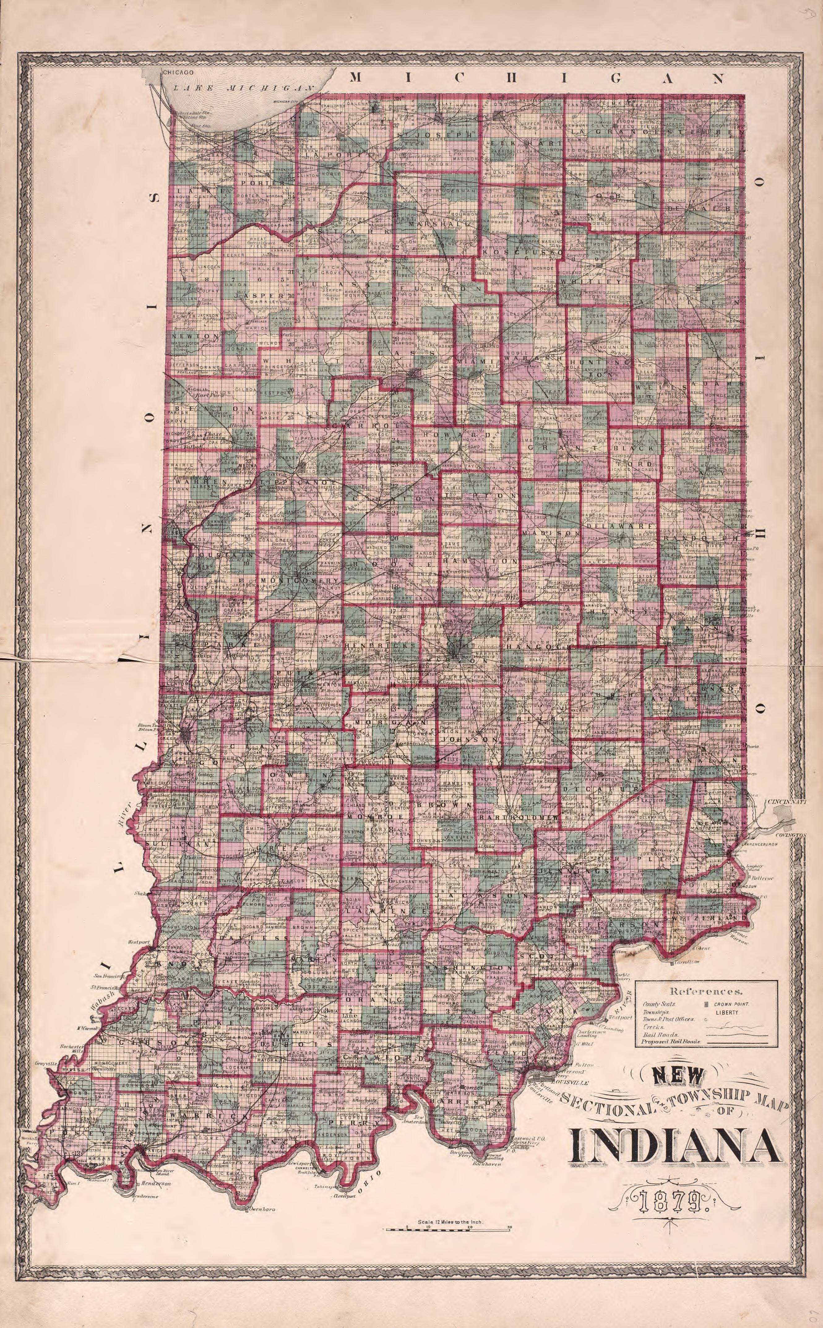 New Sectional Township Map of Indiana 1879 from Atlas of Steuben County, Indiana : to Which Are Added Various General Maps, History, Statistics, Illustrations, &amp; C. &amp; C. &amp; C 1880 by Relic Map Company