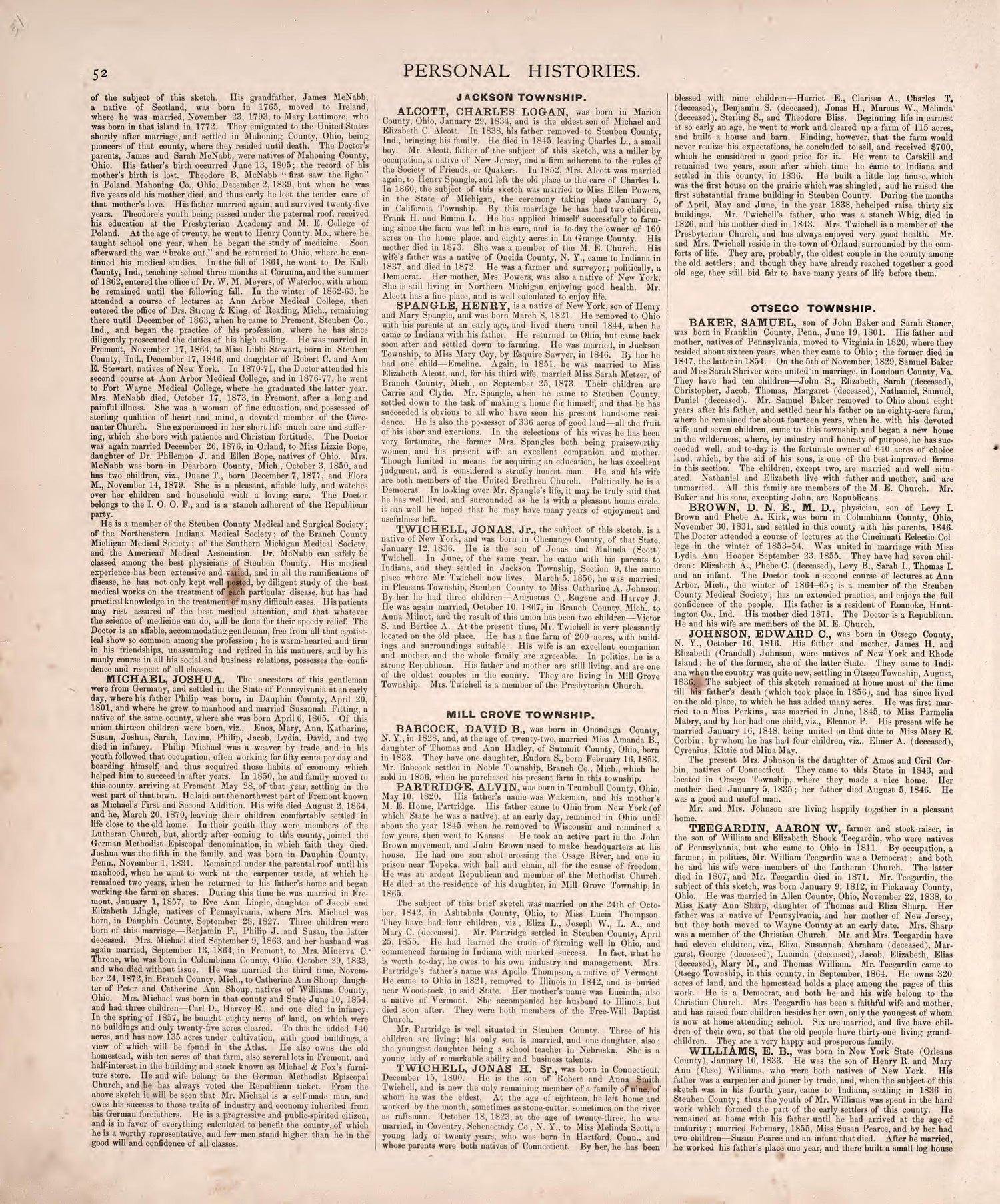 Personal Histories from Atlas of Steuben County, Indiana : to Which Are Added Various General Maps, History, Statistics, Illustrations, &amp; C. &amp; C. &amp; C 1880 by Relic Map Company