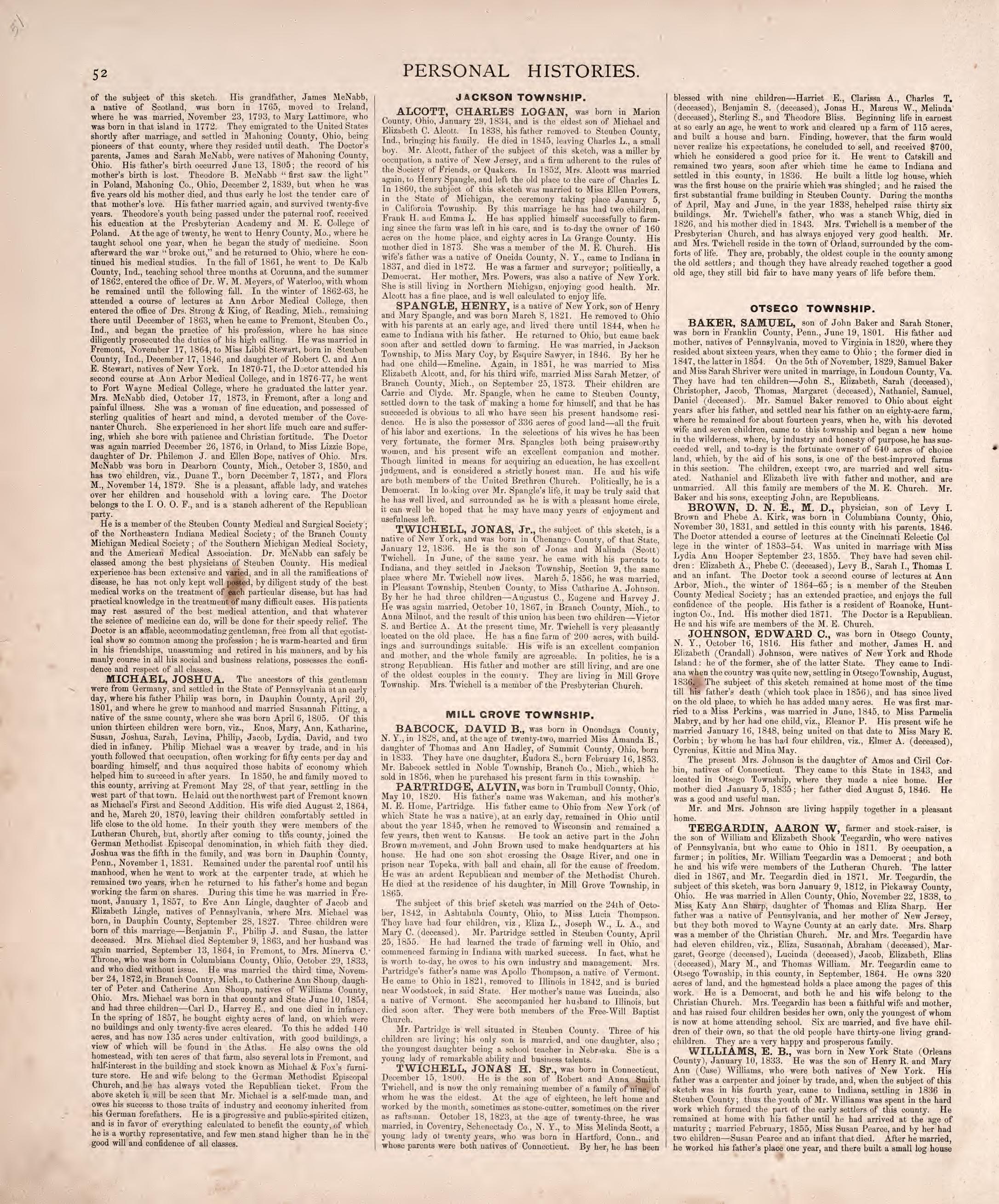 Personal Histories from Atlas of Steuben County, Indiana : to Which Are Added Various General Maps, History, Statistics, Illustrations, &amp; C. &amp; C. &amp; C 1880 by Relic Map Company